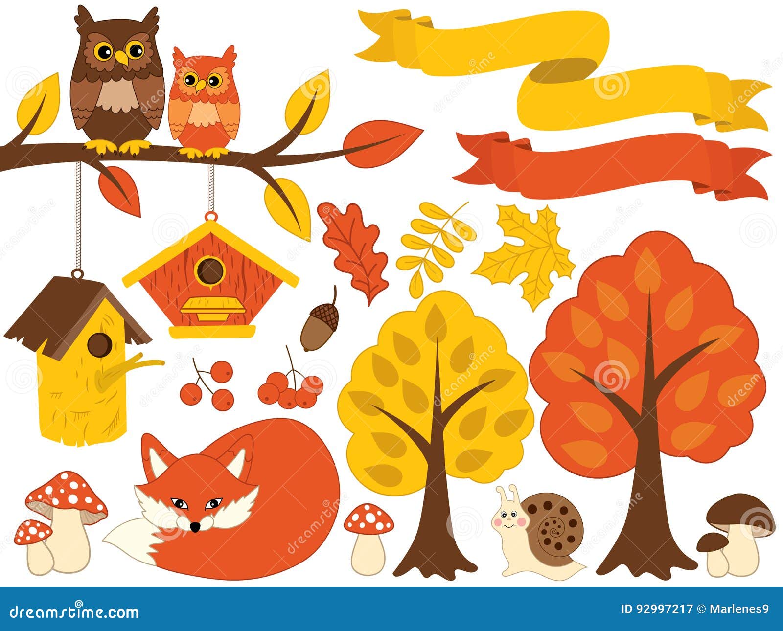  autumn forest set with cute bear, owls, mushrooms, birdhouses.  autumn set. fall clipart