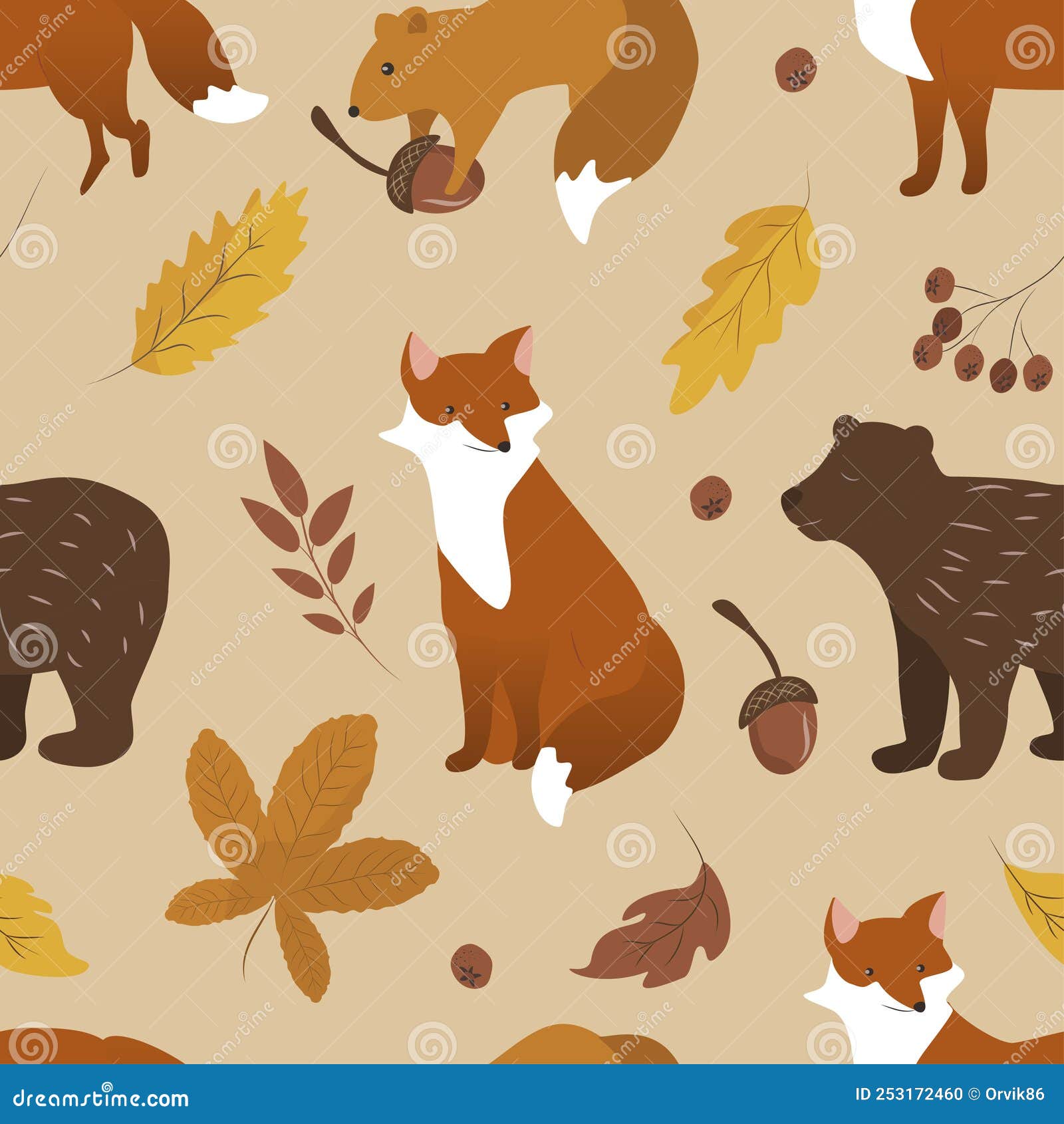 autumn seamless pattern in flat style with different cute animals - fox, squirrel, bear and autumn foliage