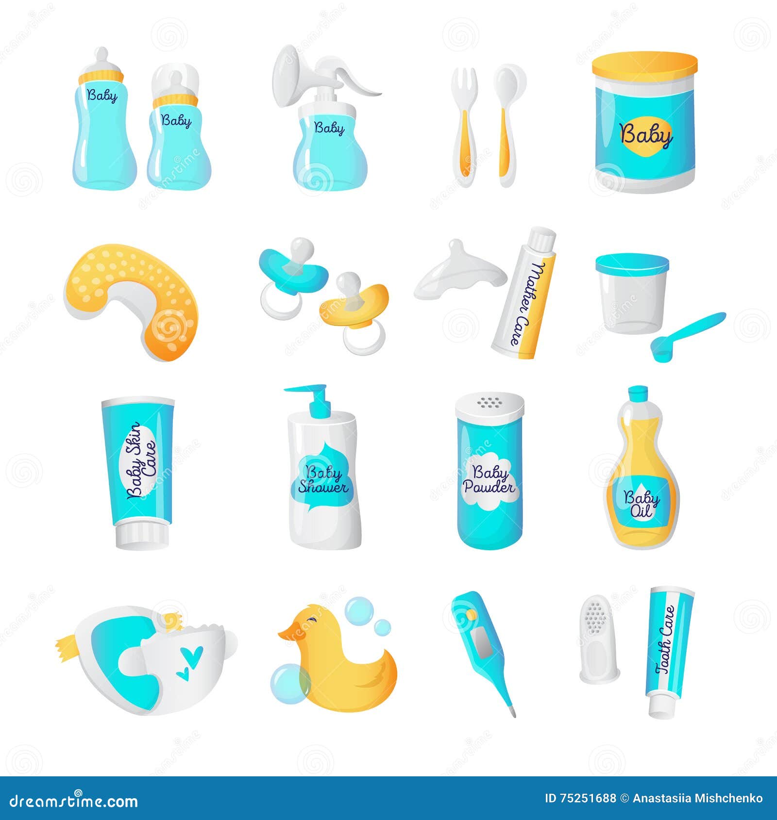  baby accessories icons. cartoon style newborn objects set.