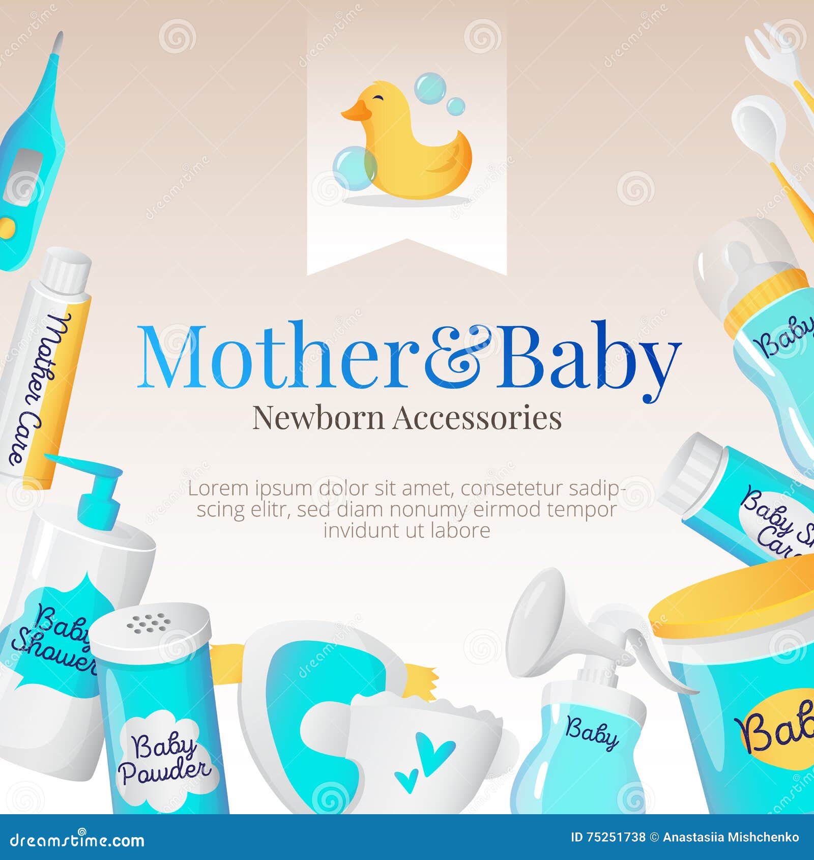 Vector Baby Accessories Poster Design. Newborn Goods Frame. Stock
