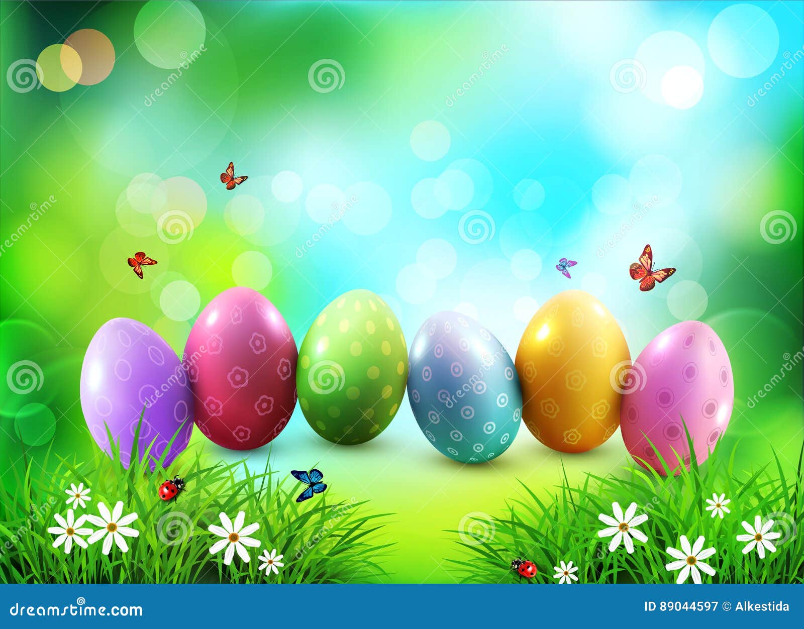  background. easter eggs in green grass with white flowers