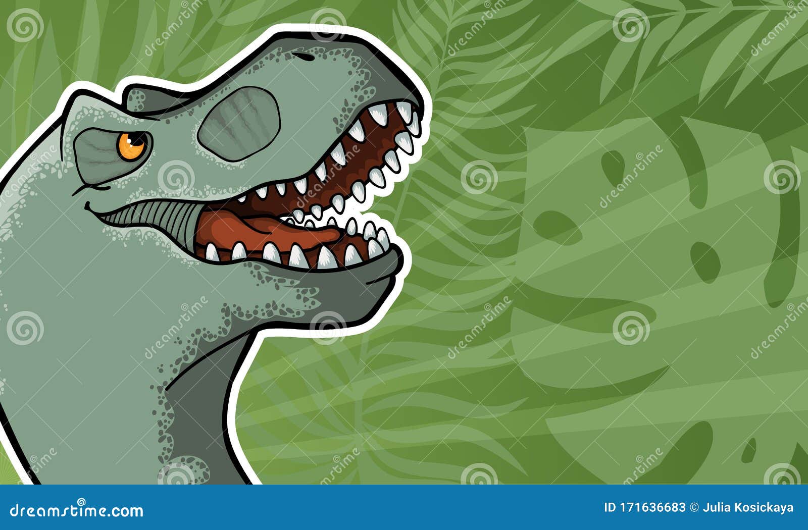  background with hand drawn  of tyrannosaur in comix style with palce for text. cute colorful t-rex in cartoons