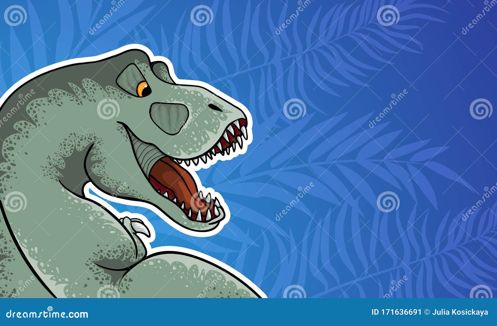 background with hand drawn  of tyrannosaur in comix style with palce for text. cute colorful t-rex in cartoons