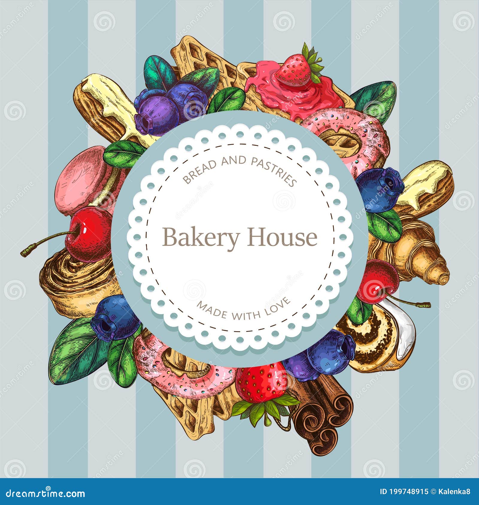 Vector Bakery or Pastry Label, Round Composition, Badge with Sweet Throughout Dessert Labels Template