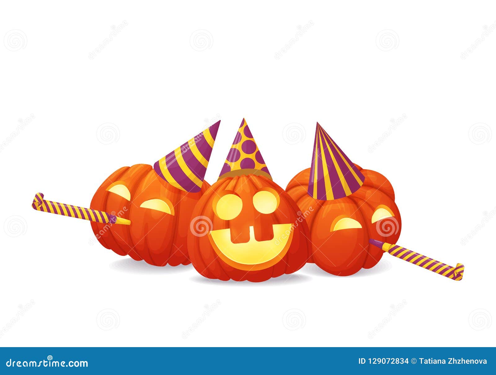 three happy pumpkins in party hats with party blowouts on a white background.