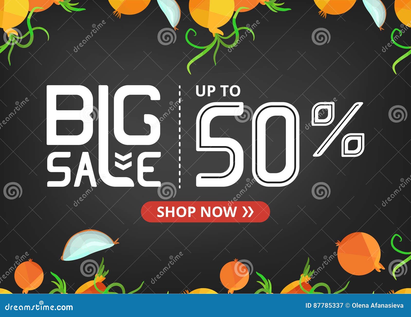  banner with lettering big sale up to fifty percent shop now and with onion and slice