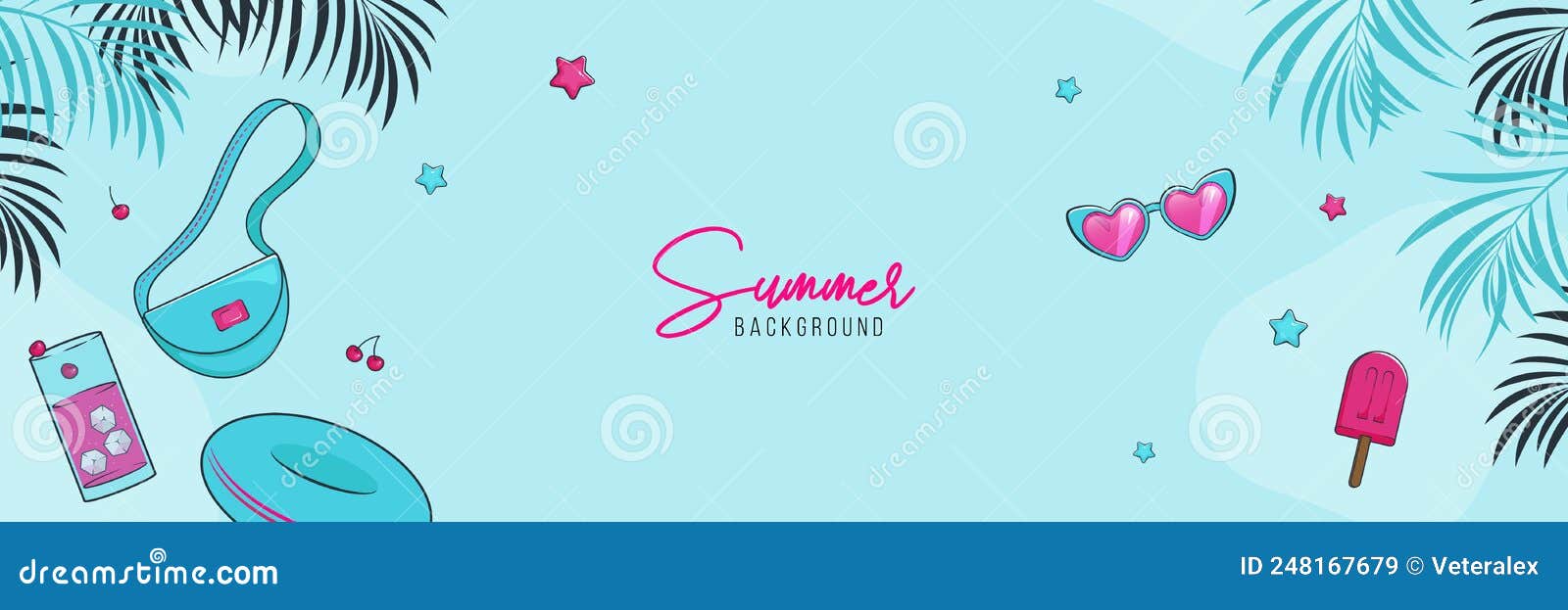 Vector Banner with Summer Items and Tropical Plants Stock Vector