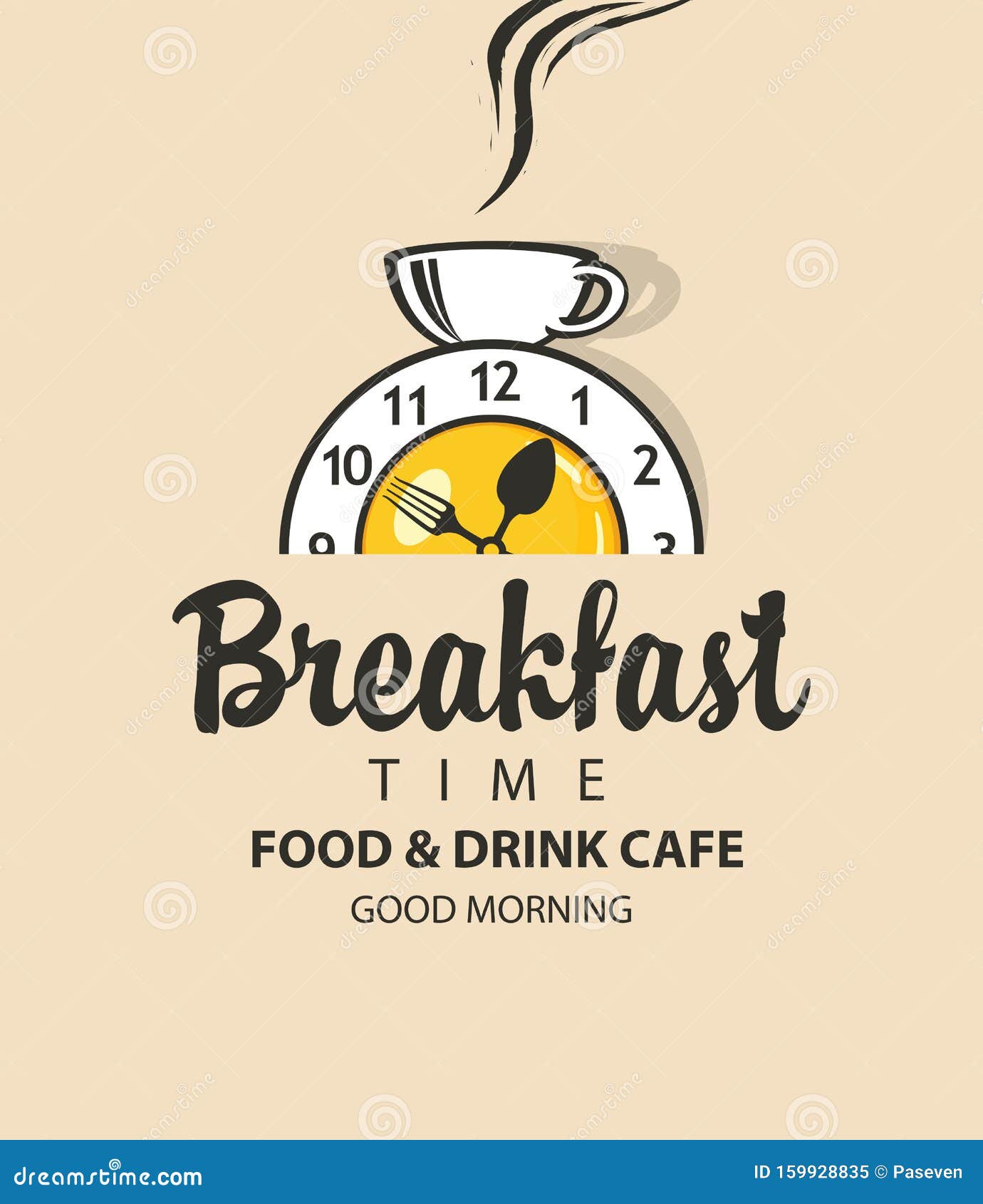 Banner for Breakfast with Clock, Tableware and Cup Stock Vector