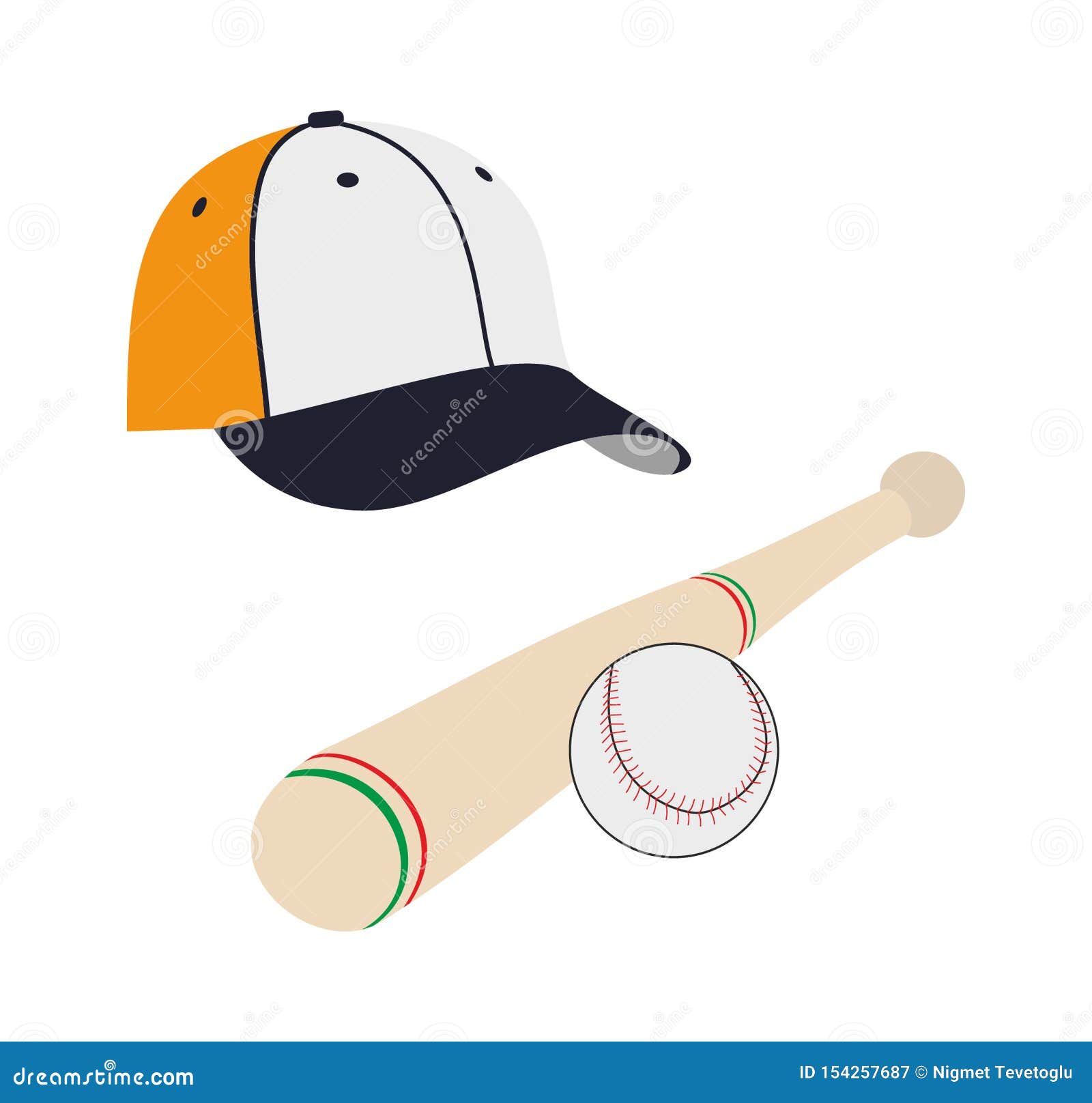 Vector Baseball Ball and Bat and Cap Stock Vector Illustration of