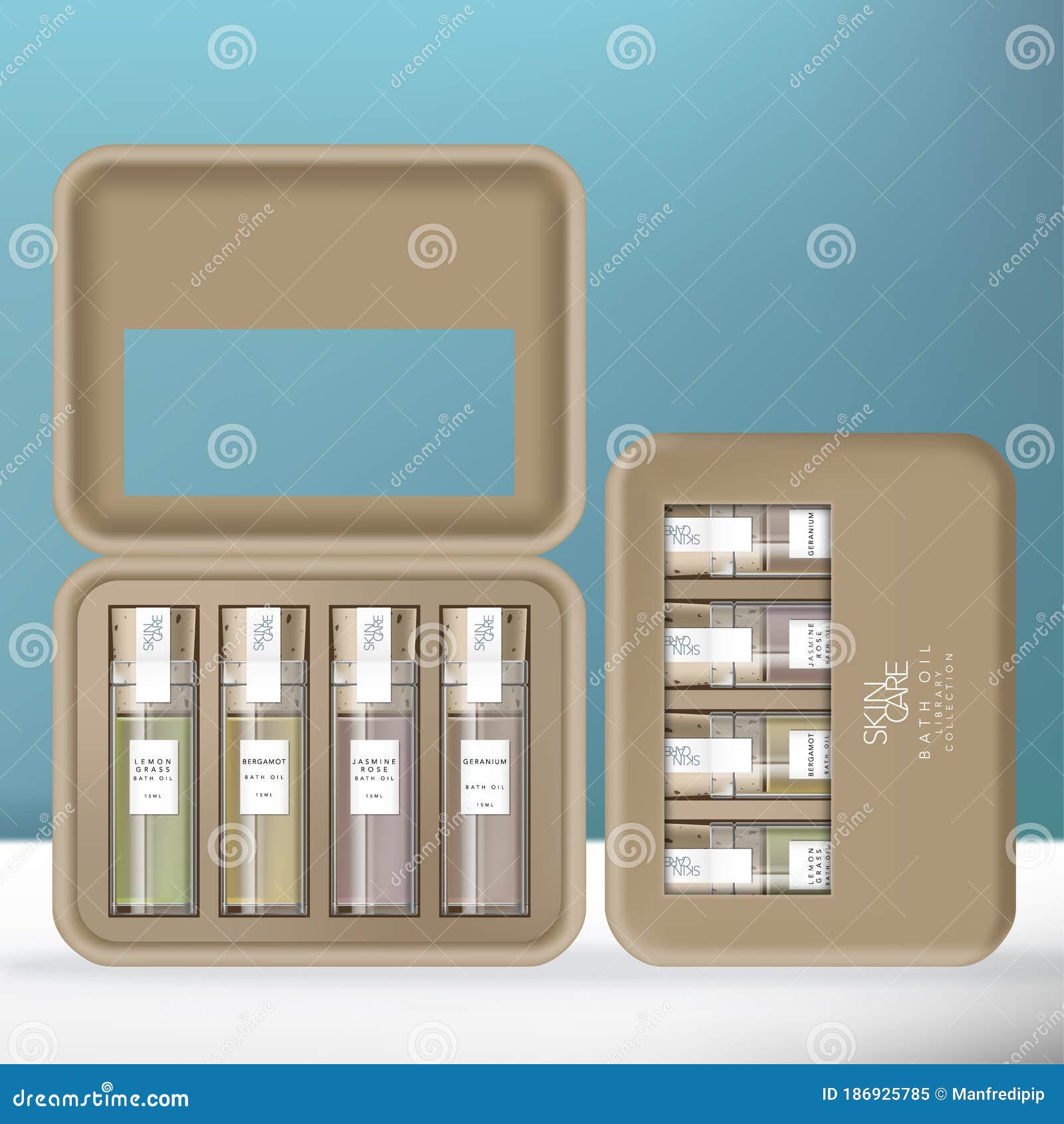 Vector Bath Oil or Essential Oil Glass Bottle Library Collection with