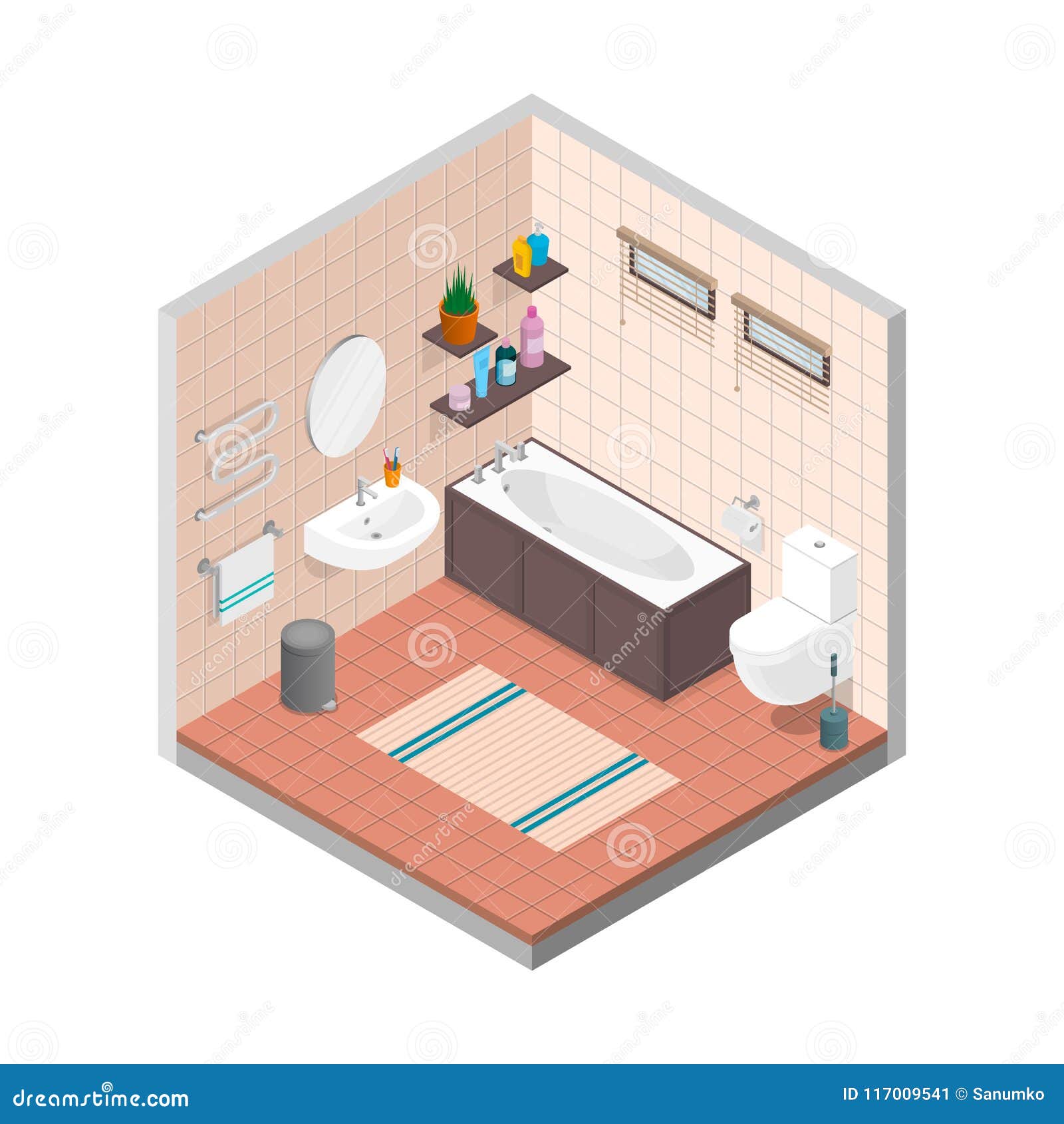 Vector Bathroom Isometric Design Interior Template Room With Tiles Rug Bathtub Toilet Bowl Trashcan Windows Skincare Stock Vector Illustration Of Plant Lavatory 117009541
