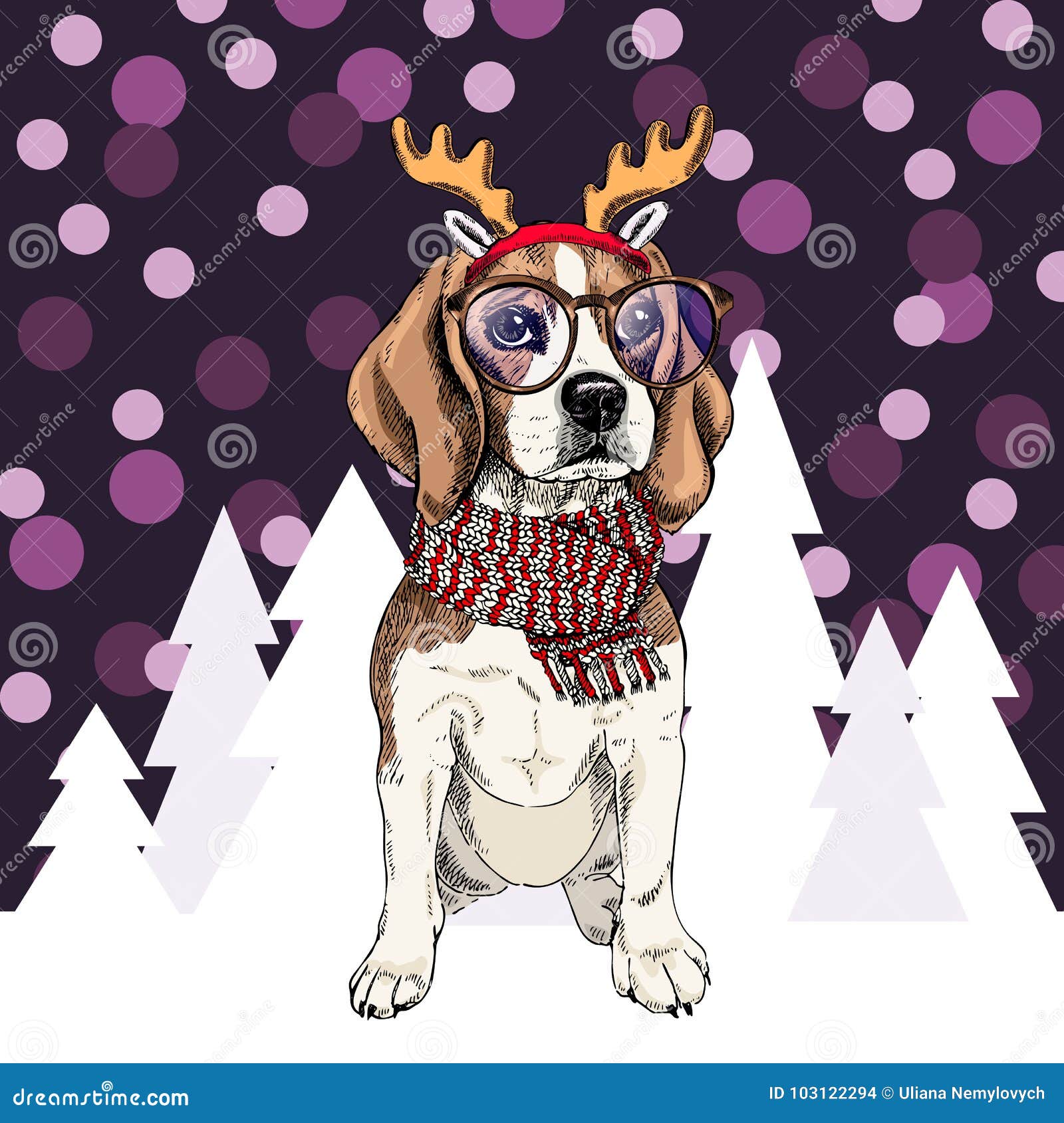  beagle dog wearing raindeer anklers tiara, glasses and scarf.  on snowy trees and sparklers. sketched