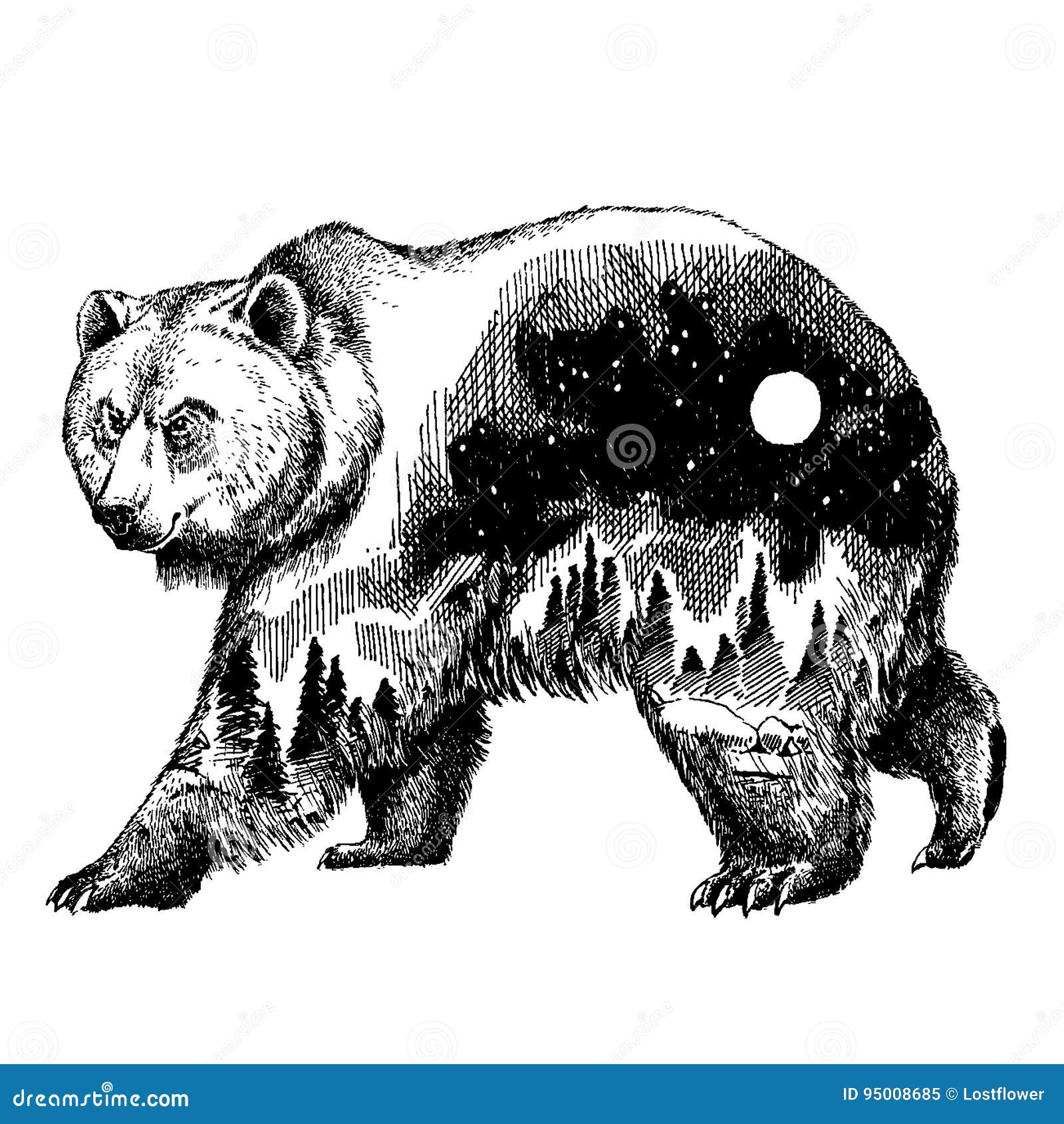 A guy and an angry bear in a forest sunset behind the mountains tattoo idea   TattoosAI