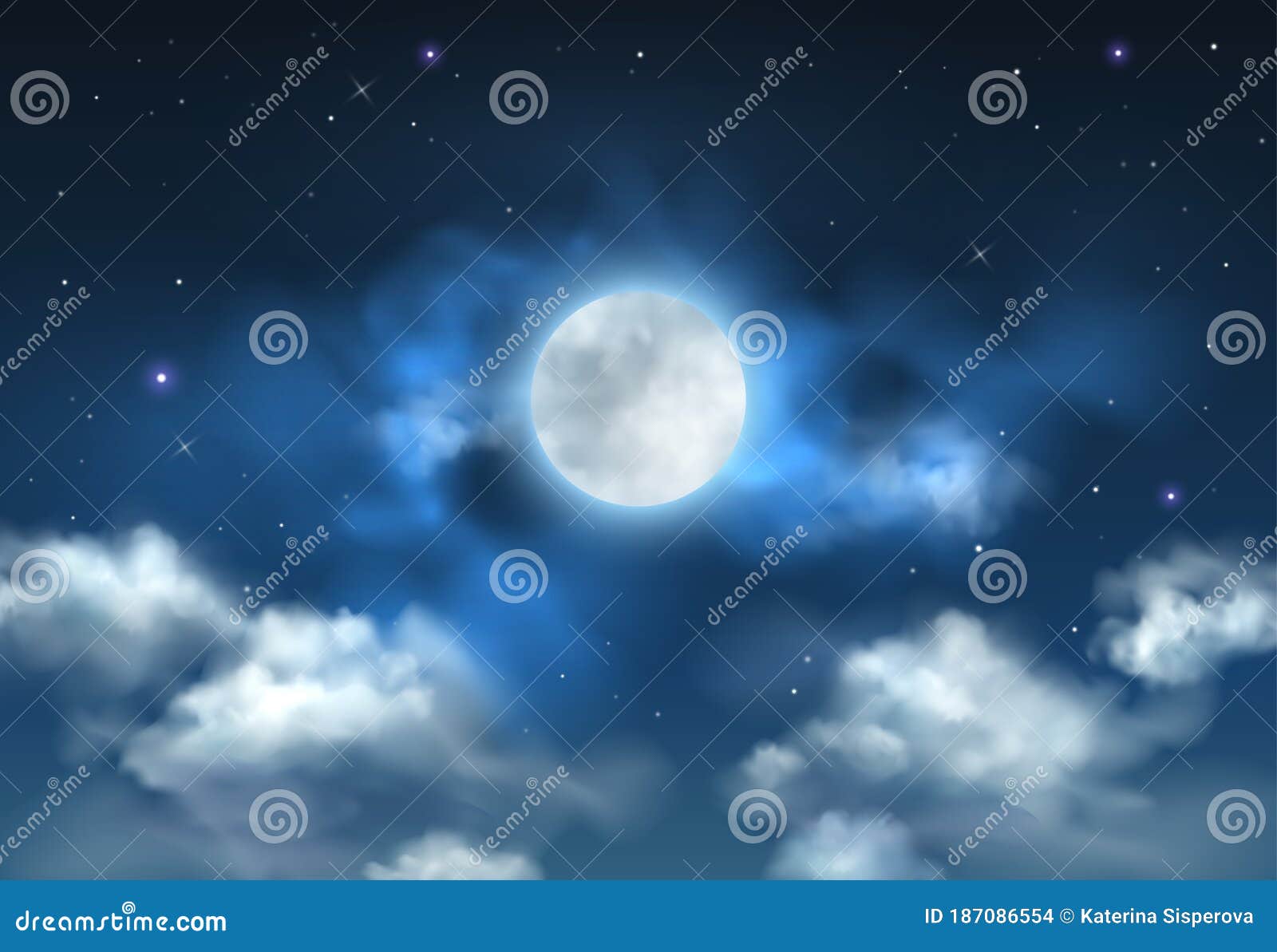 Vector Beautiful Blue Night Sky with Glowing Full Moon, Stars and