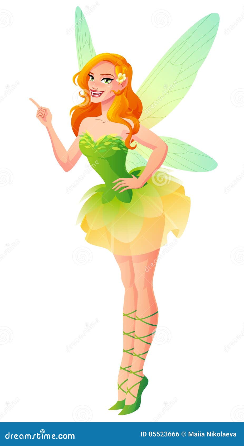 Vector Beautiful Green Floral Fairy with Wings Finger Pointing Up ...