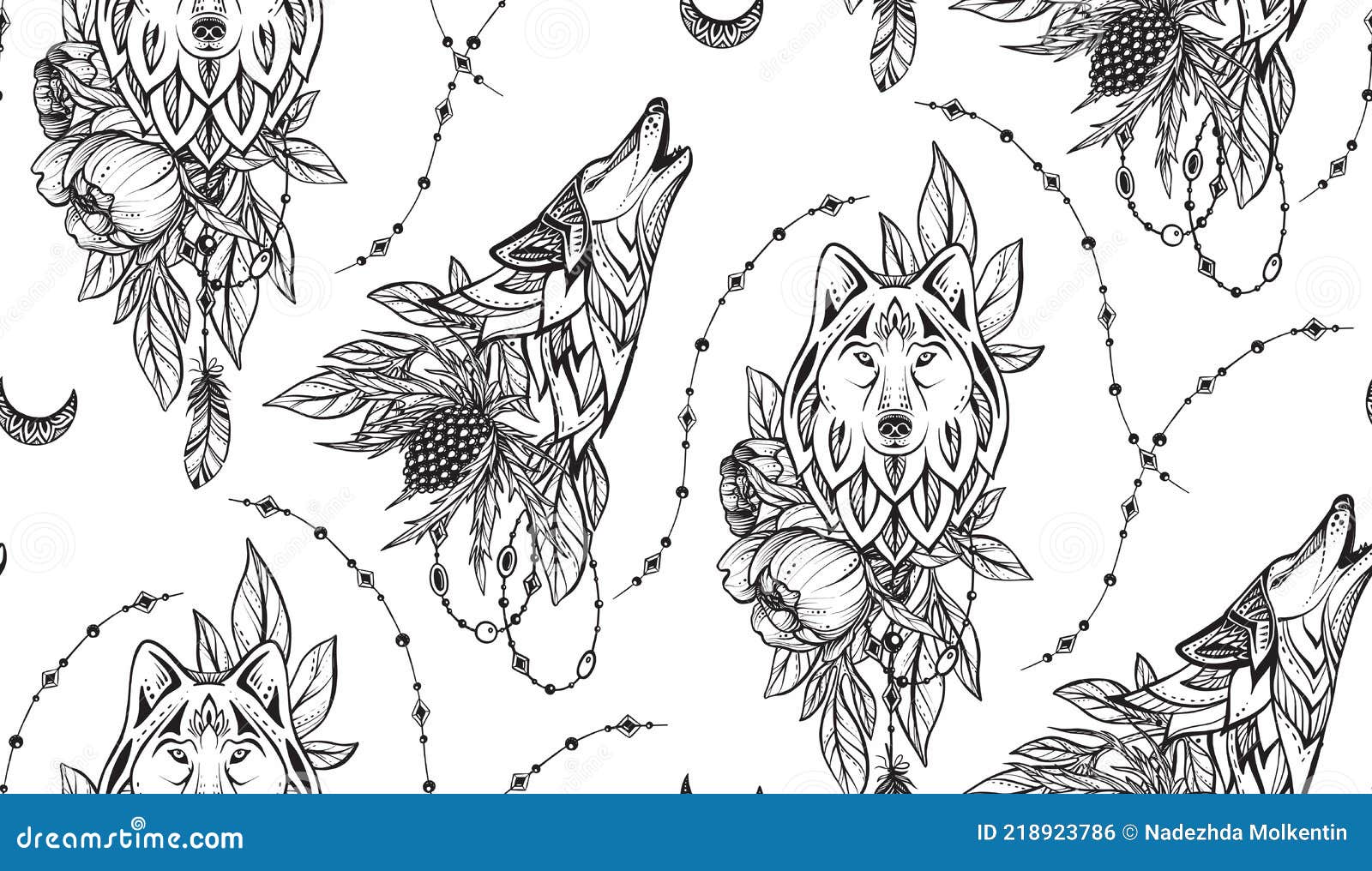  beautiful seamless pattern. romantic elegant endless background with hand drawn totem walf heads,