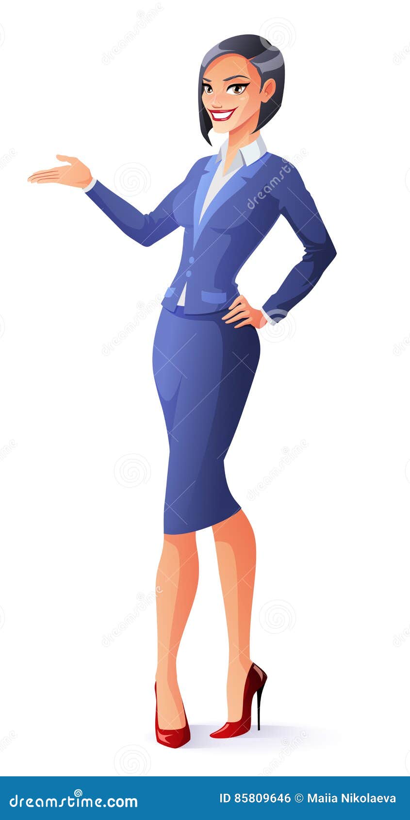 Vector Beautiful Smiling Business Woman in Blue Suit Presenting. Stock