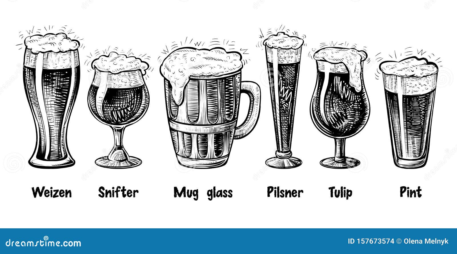  beer glass types, vintage engraving. foamy beer in different glasses: weizen, pilsner, tulip, snifter, pint, mug.