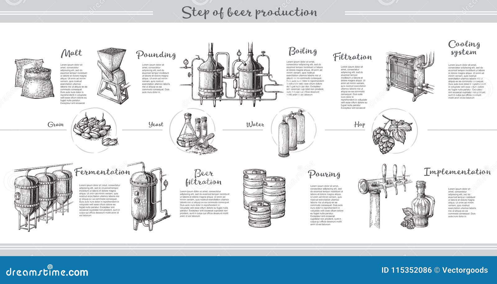  beer infographics with s of brewery process.