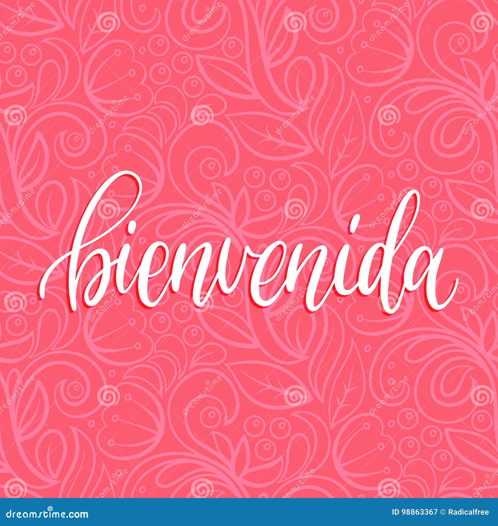  bienvenida calligraphy, spanish translation of welcome phrase. hand lettering on abstract pink background