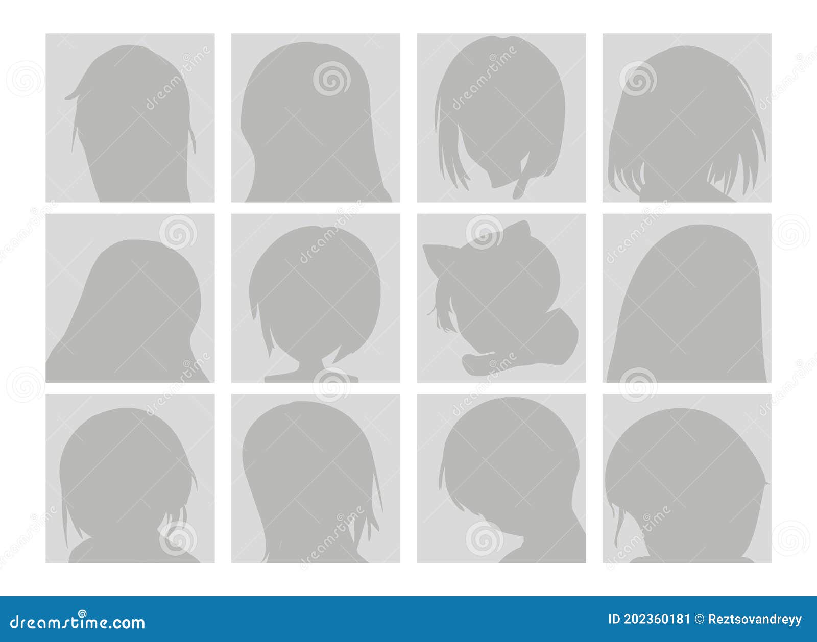 Vector Big Set of Anime Faces with Hair. Flat Gray Icons of Girls for Web  and Mobile Stock Illustration - Illustration of silhouette, person:  202360181