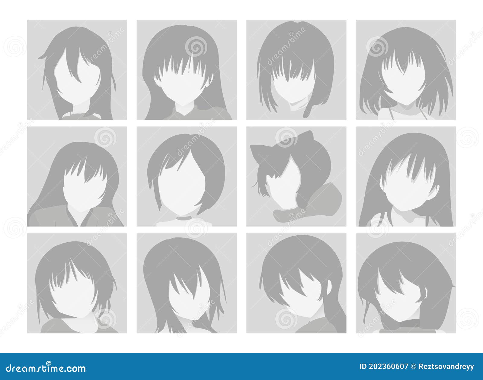 Default avatar anime girl profile icon. Grey photo manga