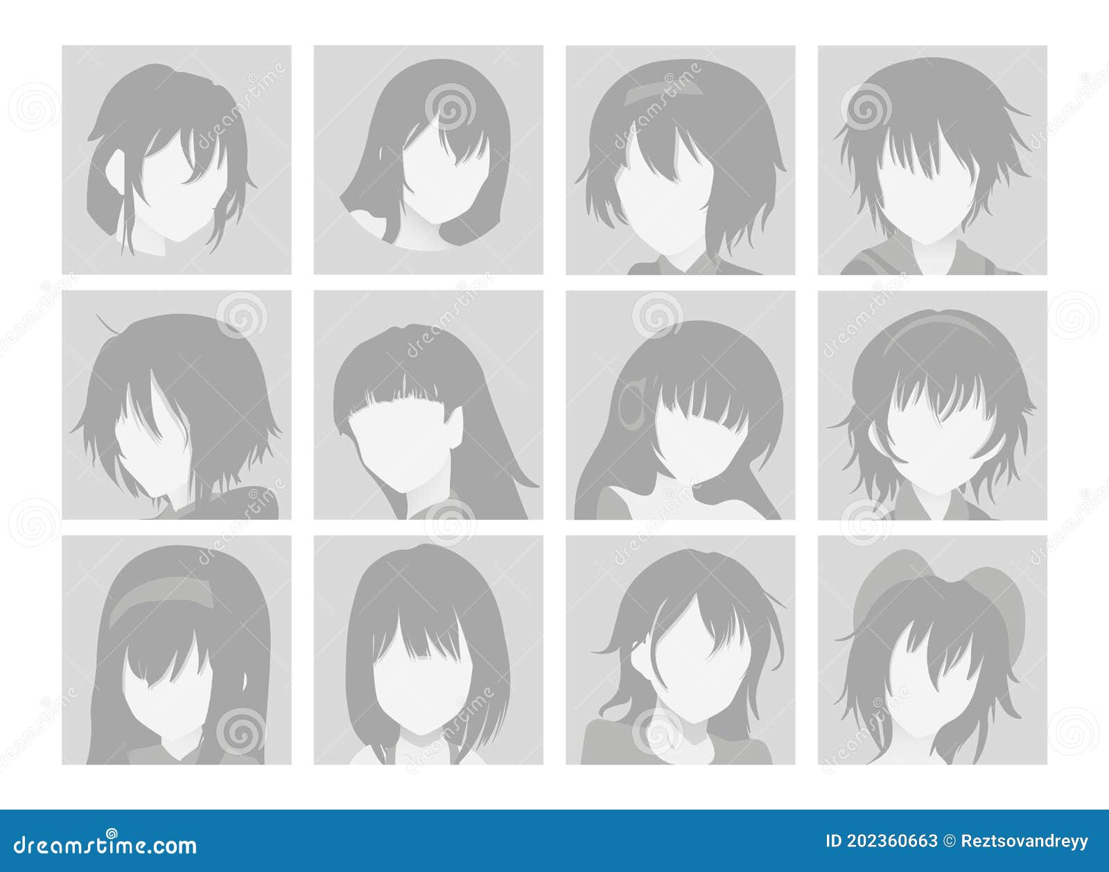 Vector Big Set of Anime Faces with Hair. Flat Gray Icons of Girls