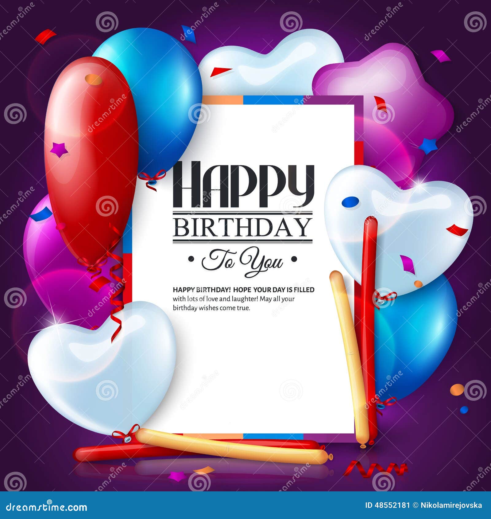 Vector Birthday Card With Balloons And Confetti. Stock Image