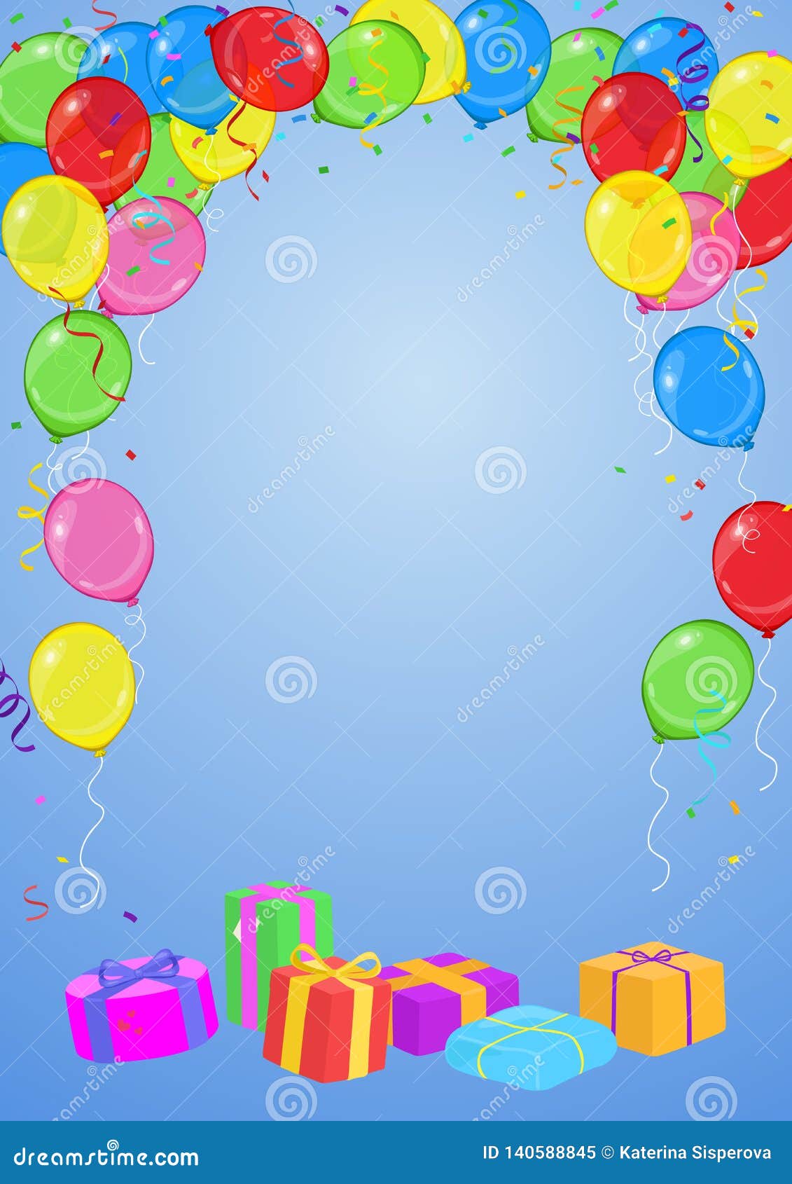 Download Vector Birthday Or Party Invitation Card With Balloons, Streamers, Confetti And Presents On Blue ...