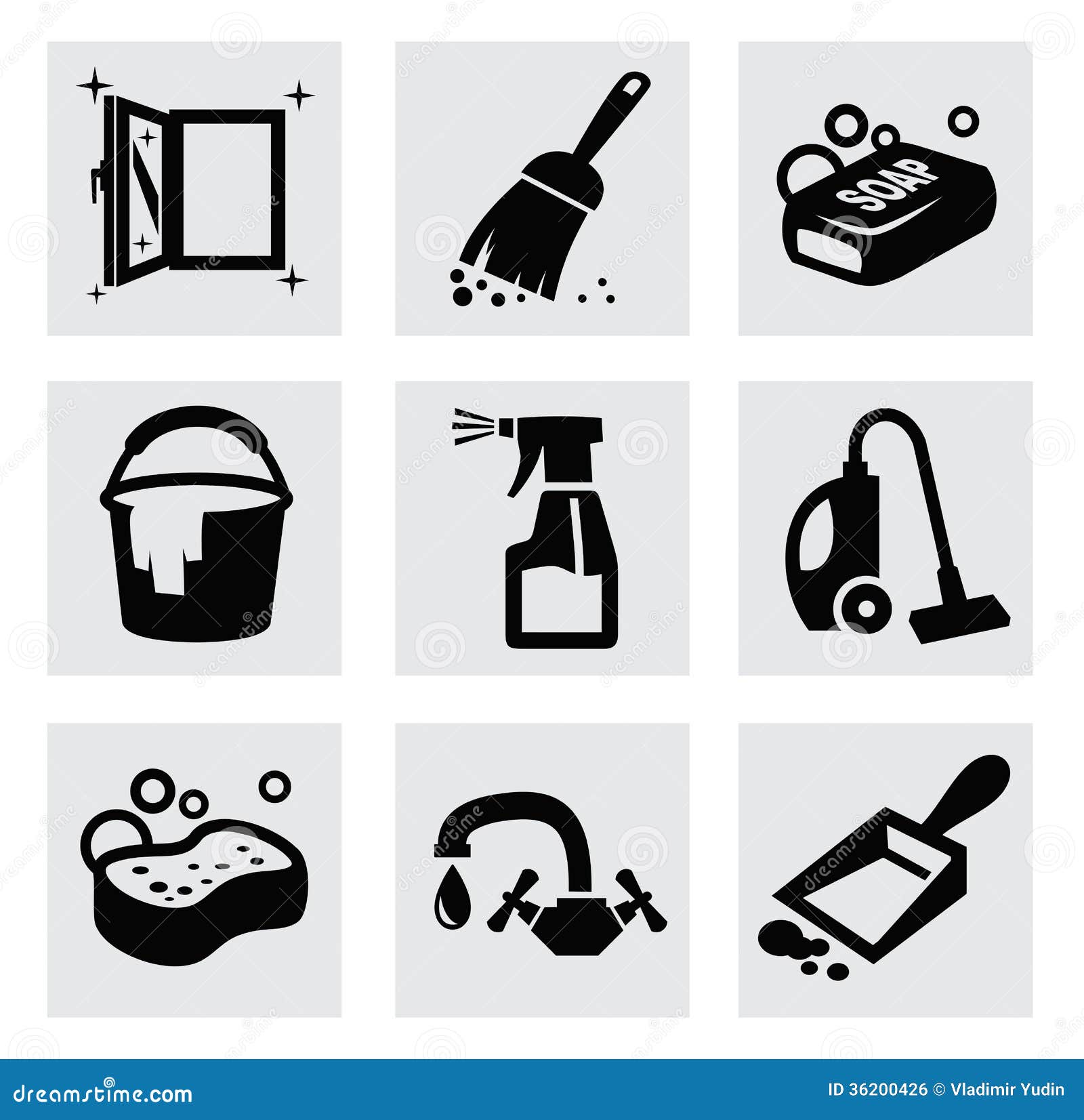 Vector Black Cleaning Icons Set on Gray Stock Vector Illustration of