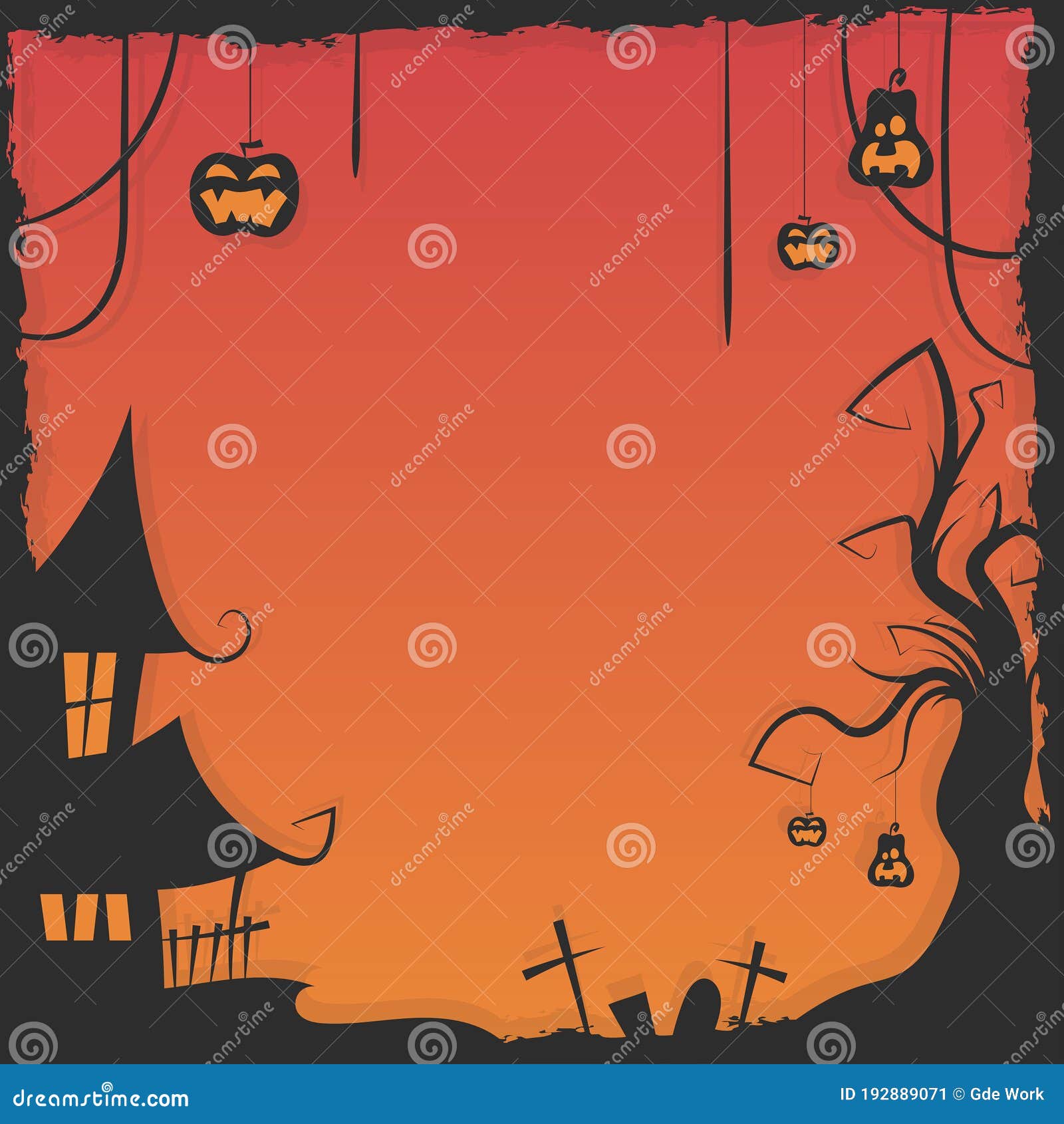 Vector of Black Flat Halloween Border with Horror House and Tree Stock ...