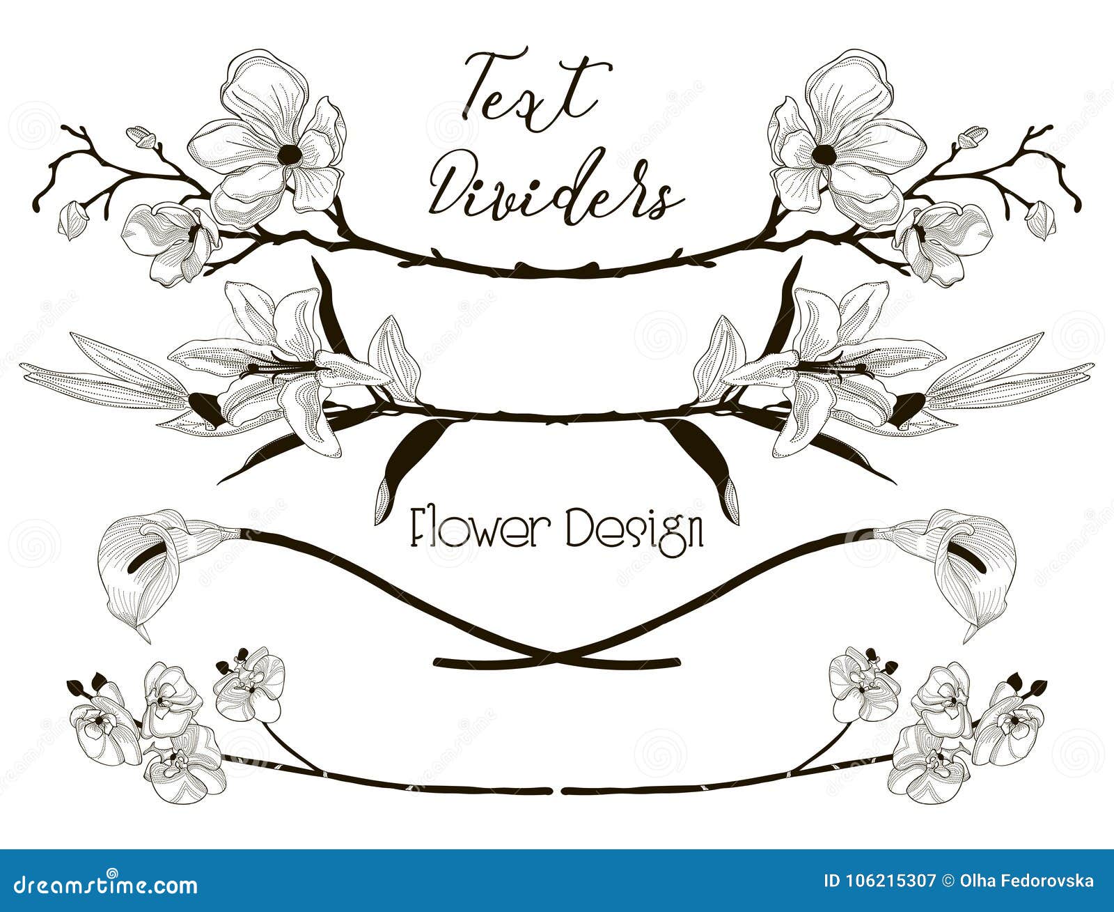 Vector Black Floral Text Dividers. Flower Design Elements Stock Vector