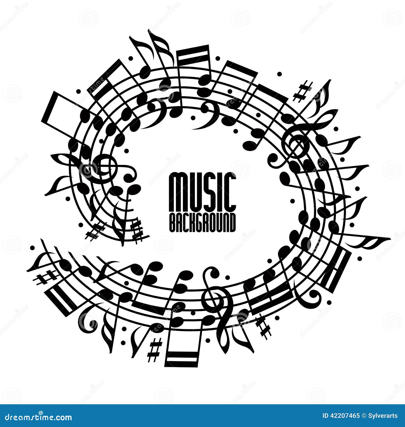  black rounded stave with musical notes on white background, decorative musical notation.