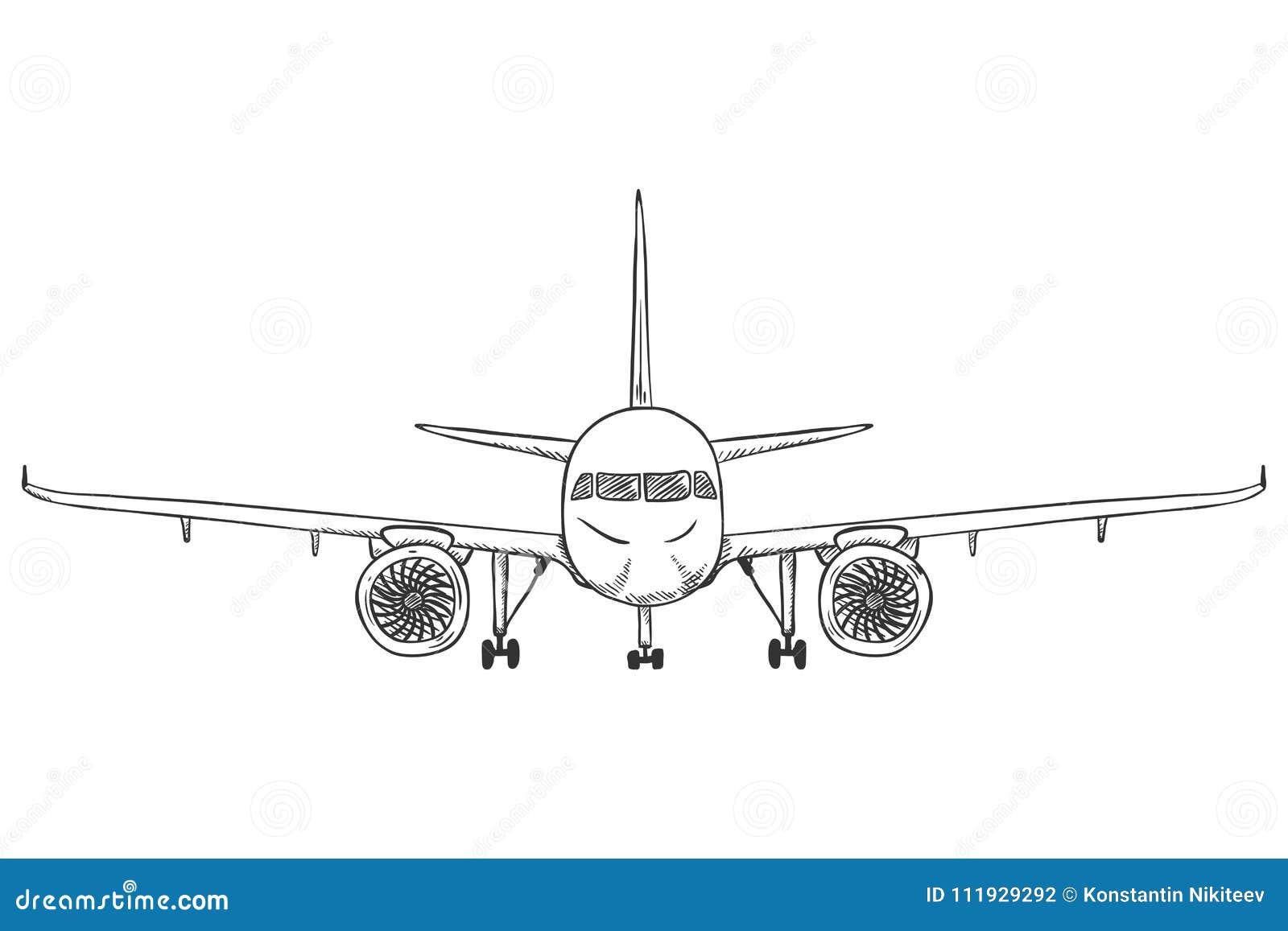 Vector Single Black Sketch Airplane with Chassis. Front View ...