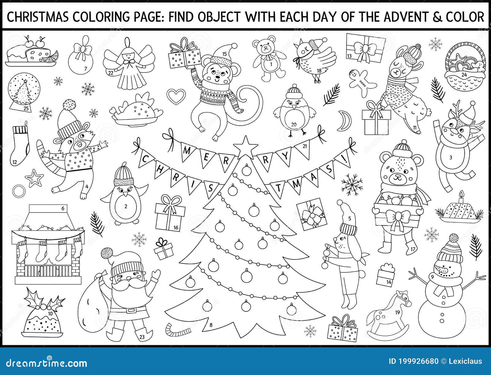 Vector Black and White Christmas Coloring Page and Advent Calendar ...
