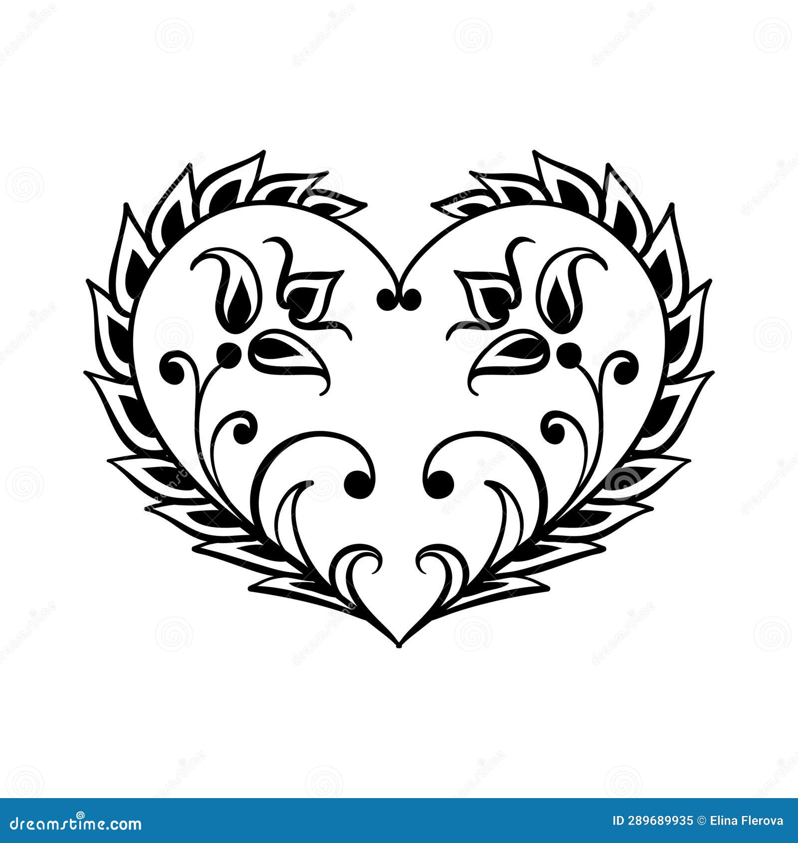 Vector Black Decorative Heart on White Background. Creative Hand Drawn