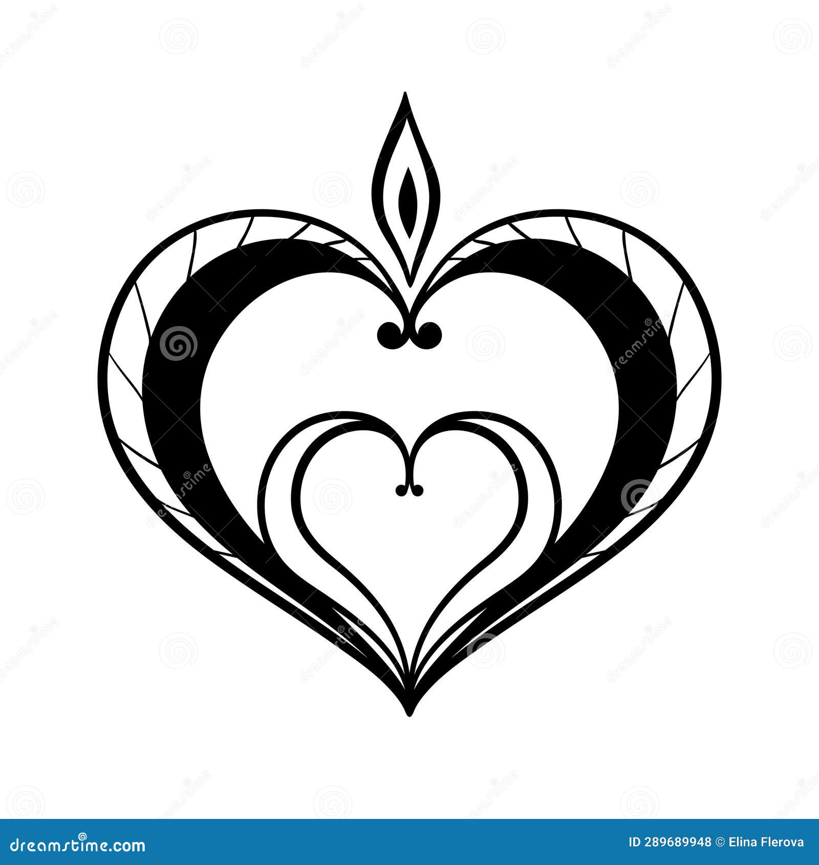 Vector Black Decorative Heart on White Background. Creative Hand Drawn