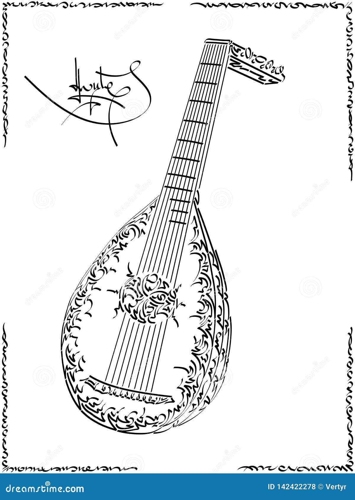 Vector Black and White Illustration Drawing of Lute. Stock Vector -  Illustration of outline, musical: 142422278