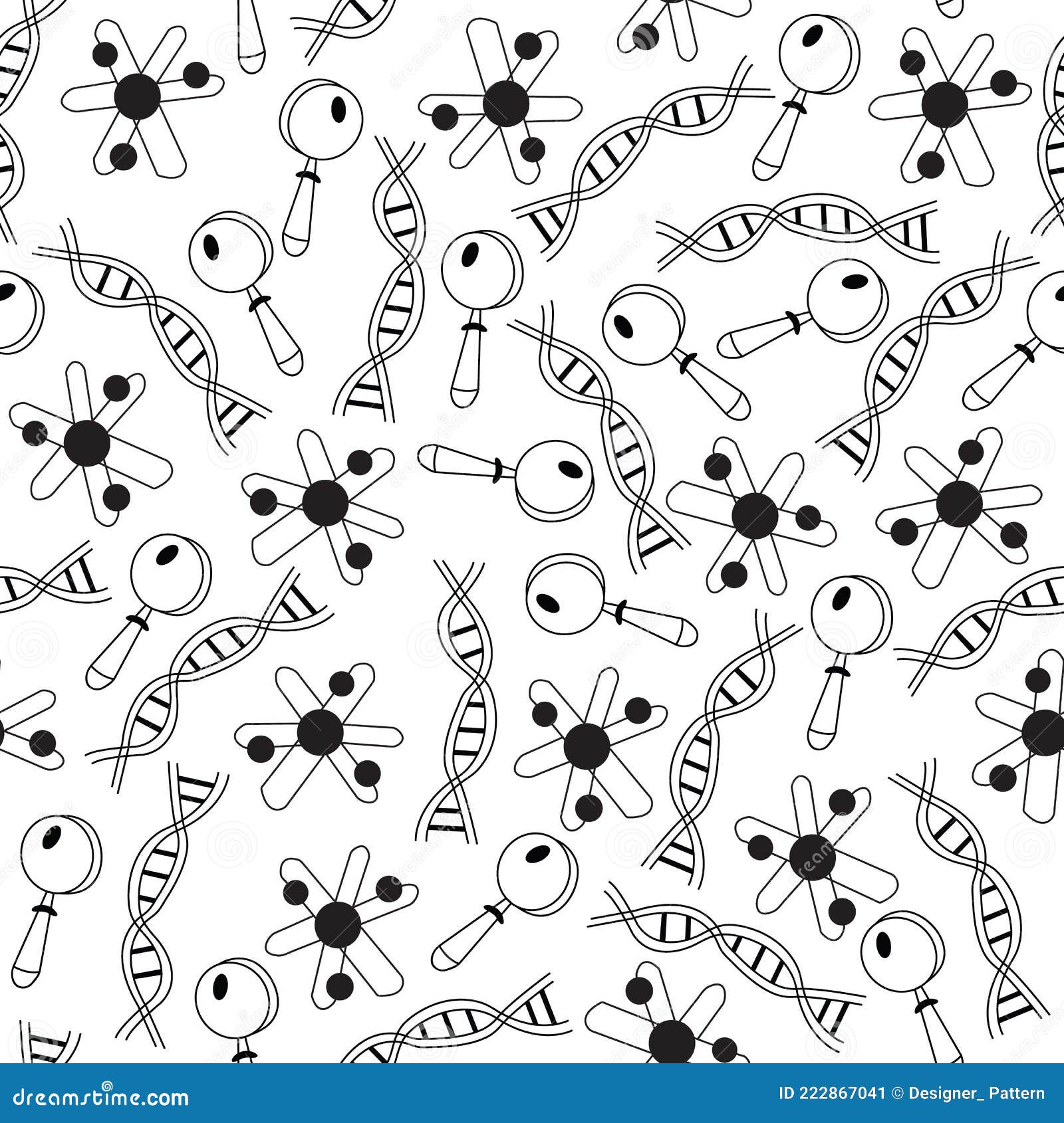 Vector Black and White Science Molecules, Magnifying Glass Seamless