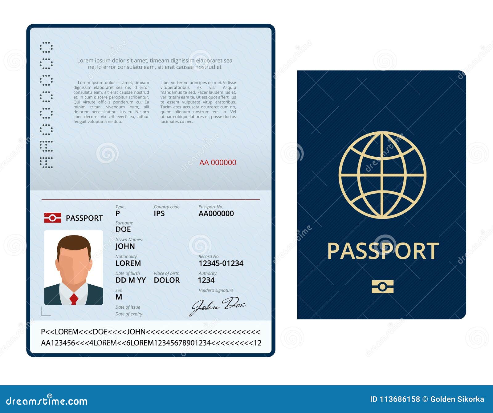  blank open passport template. international passport with sample personal data page. document for travel and