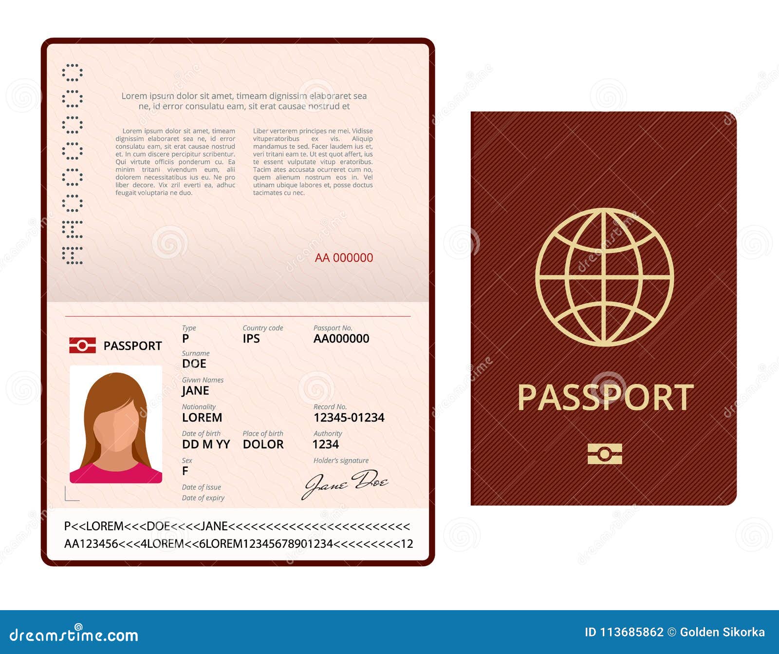  blank open passport template. international passport with sample personal data page. document for travel and