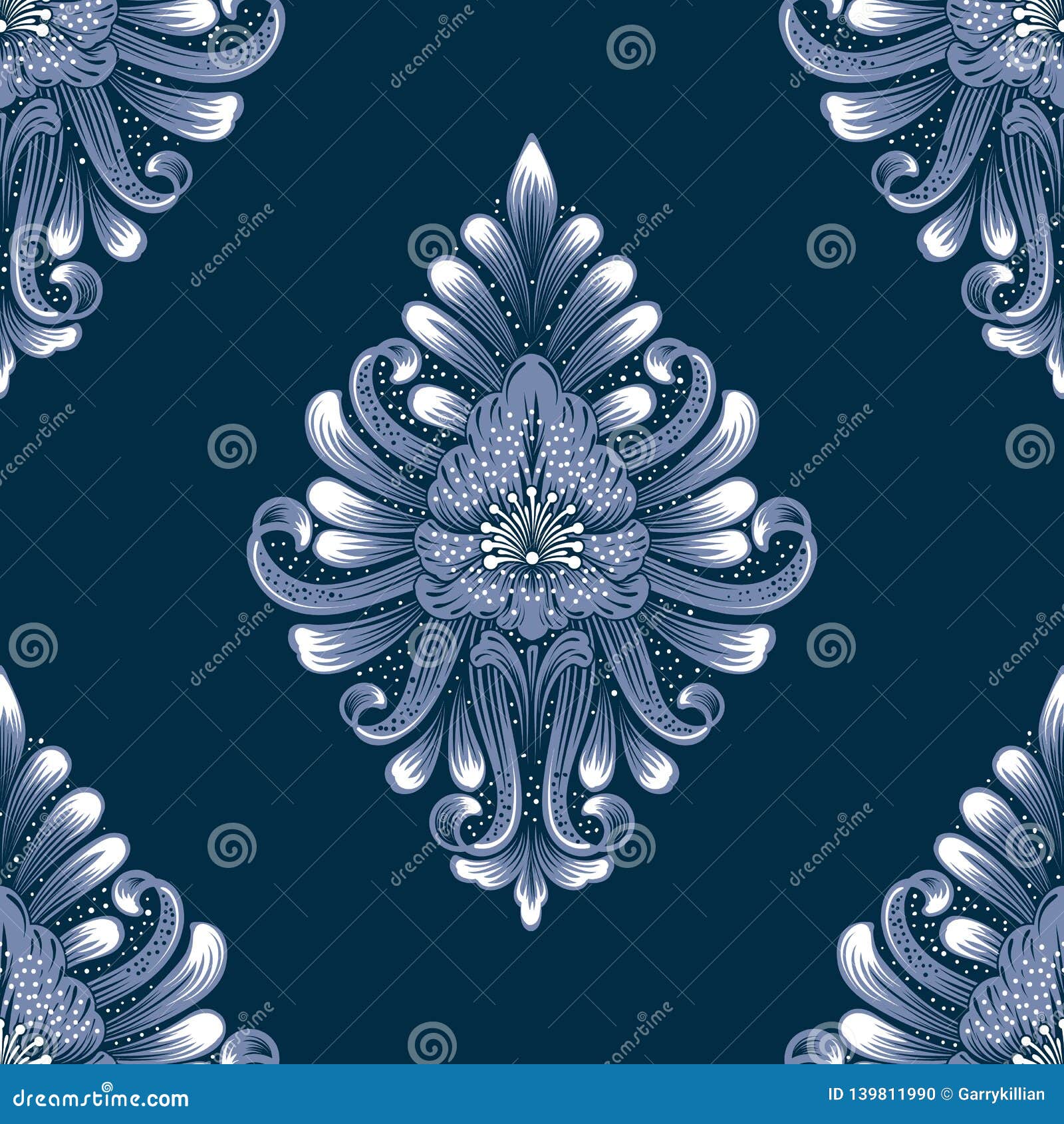 Vector Blue Damask Seamless Pattern Element. Classical Luxury Old