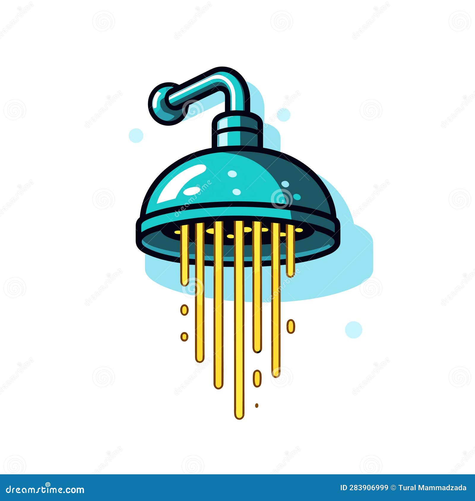 Vector of a Blue and Yellow Shower Head with Water Droplets Stock