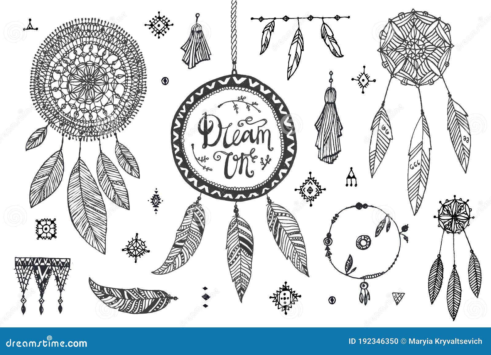 Vector Boho Decor Set, Collection of Hand Drawn Doodle Borders, Dream