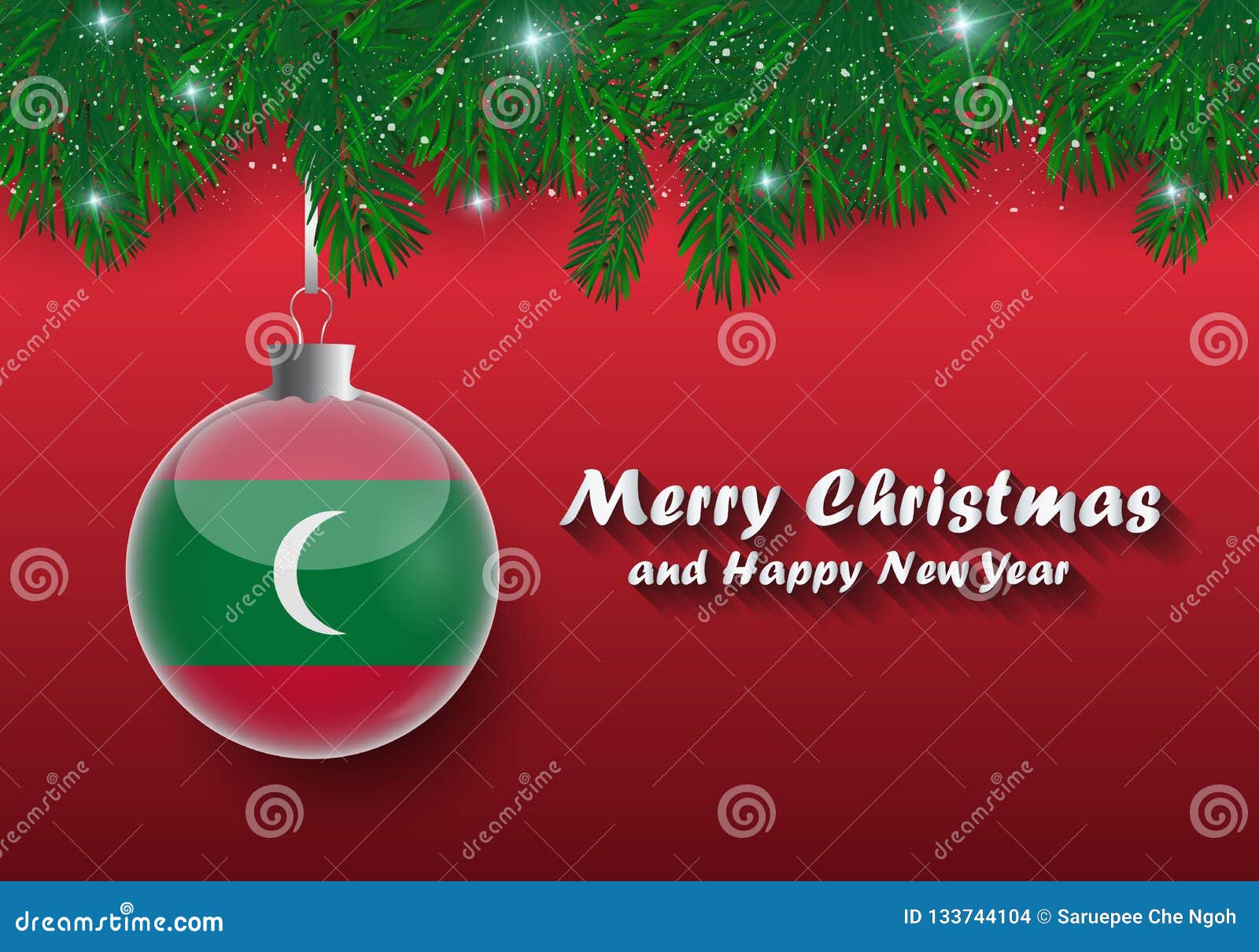 Vector Border of Christmas Tree Branches and Ball with Maldives Stock ...