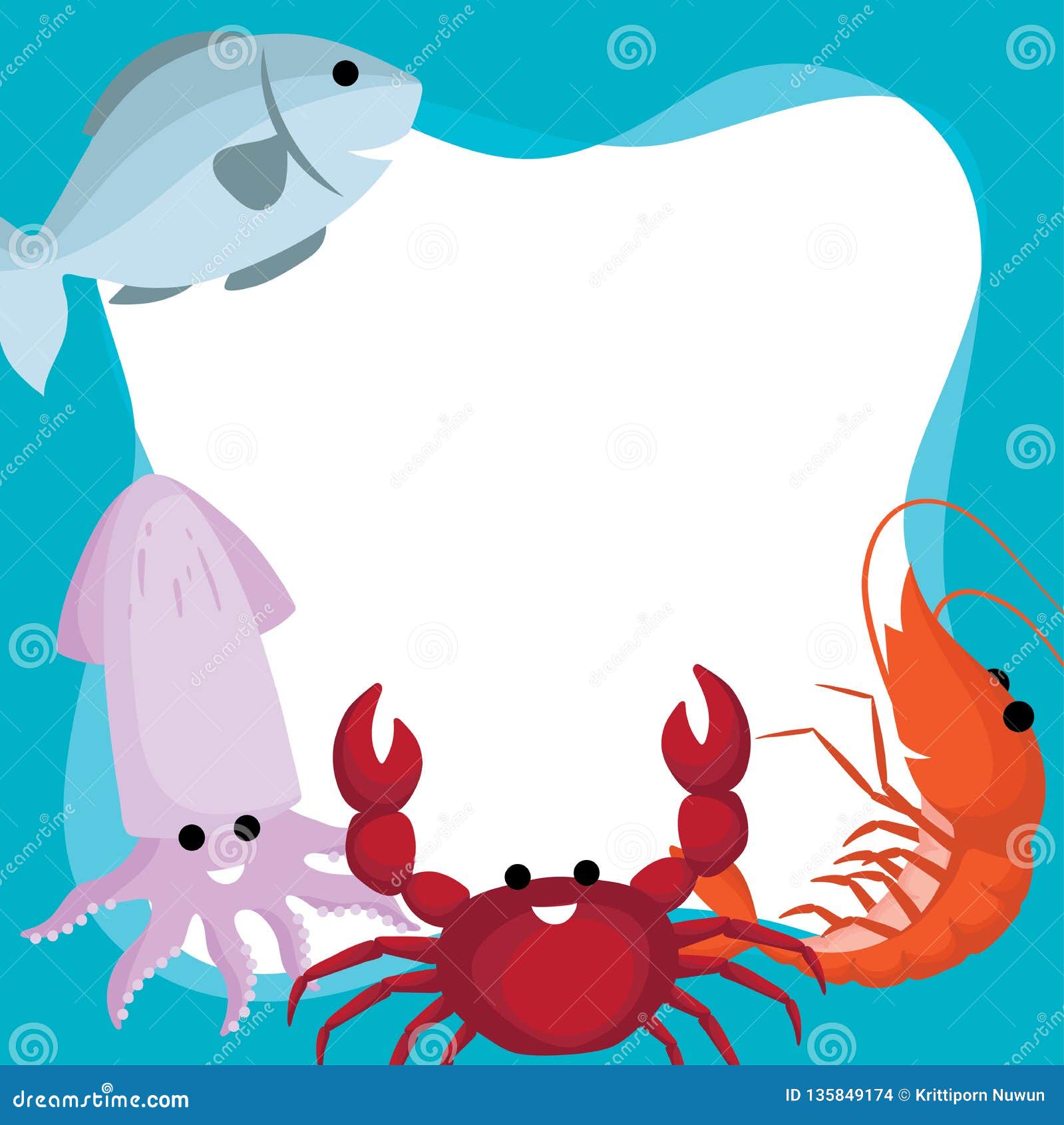 Vector Border and Frame of Doodle Cute Cartoon Seafood, Fish, Crab