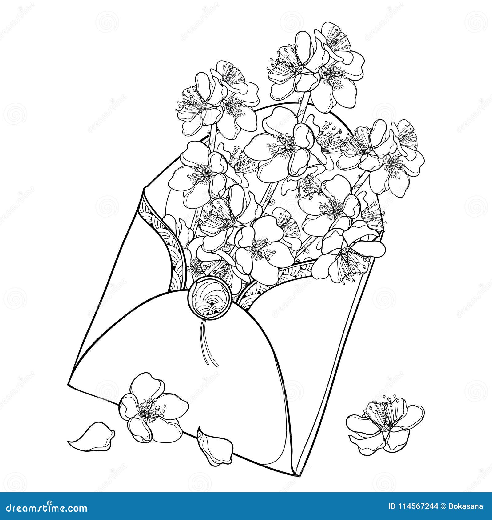  bouquet with outline blooming apricot flower bunch in black in open craft envelope  on white background.