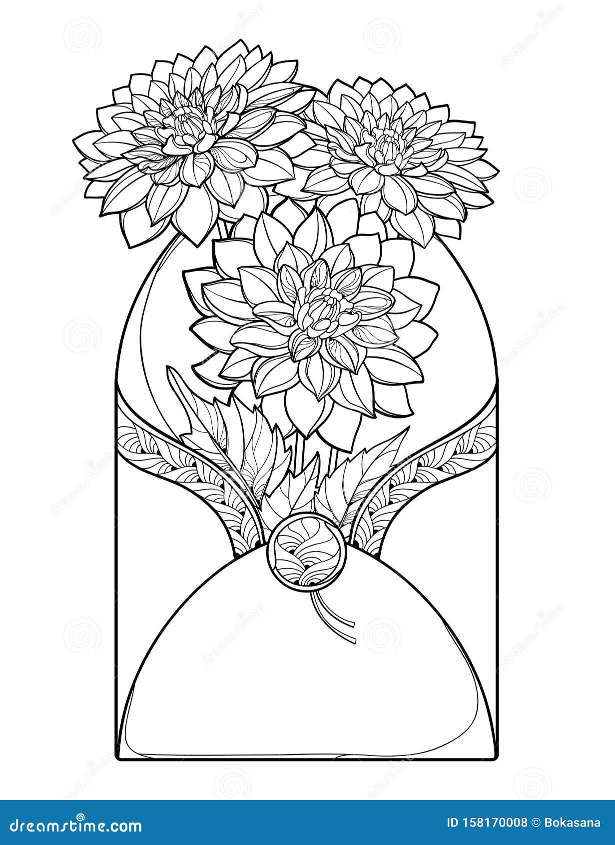  bouquet of outline dahlia or dalia flower and ornate leaf in open craft envelope in black  on white background.