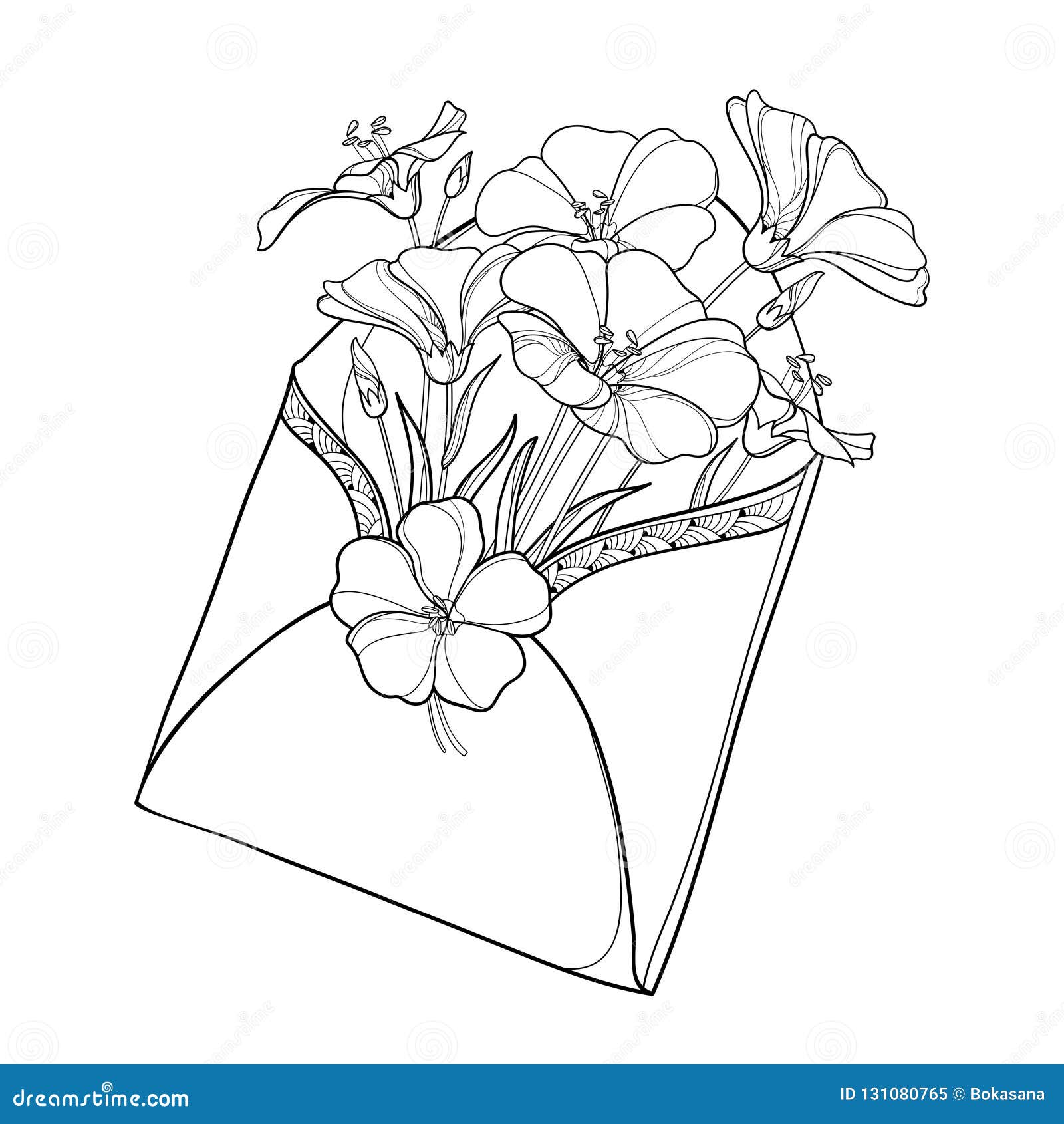 Vector Bouquet with Outline Flax Plant or Linum in Open Craft Envelope