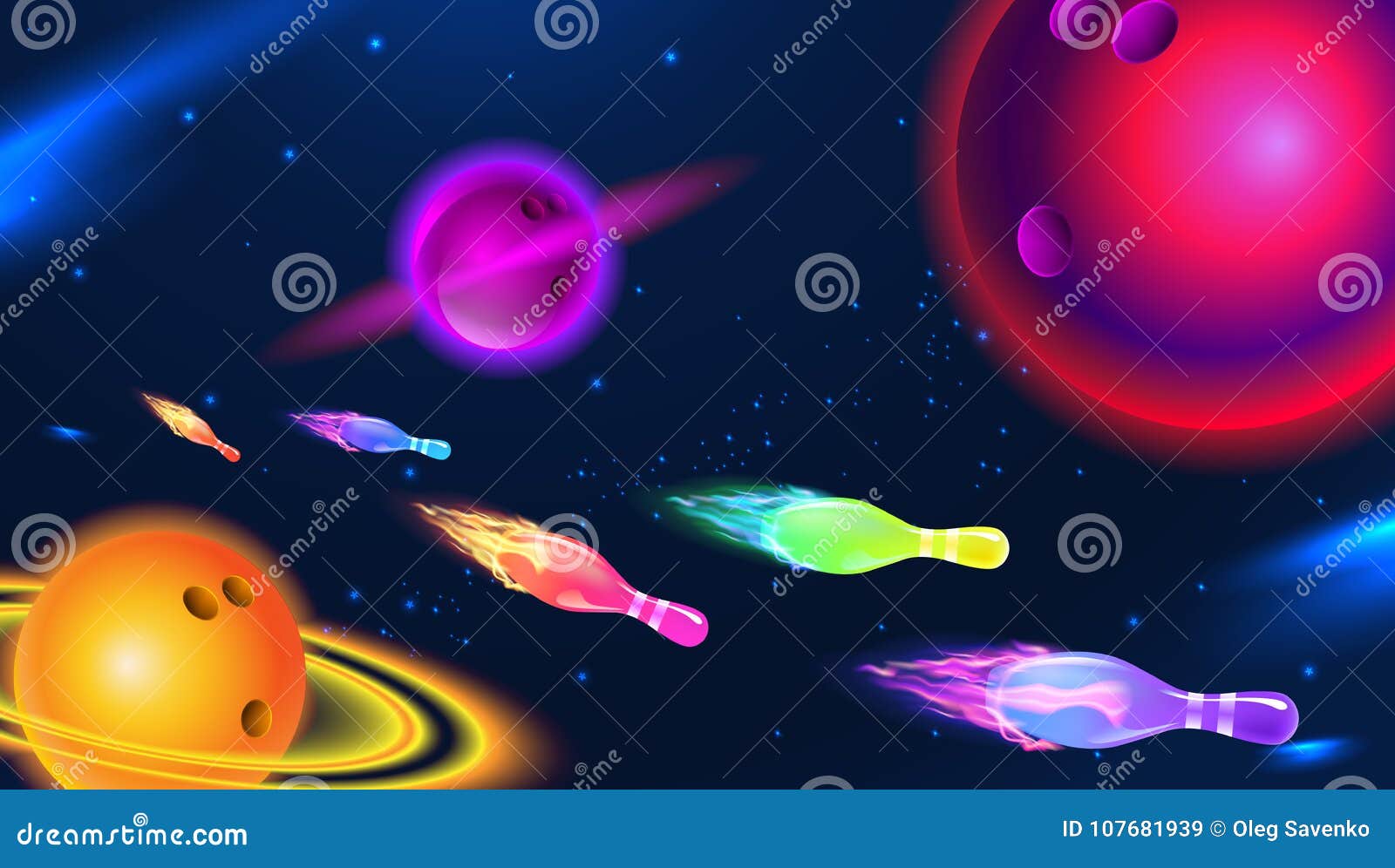  bowling space cosmic ball and pin, abstract planet, galaxy, star, background bowling 